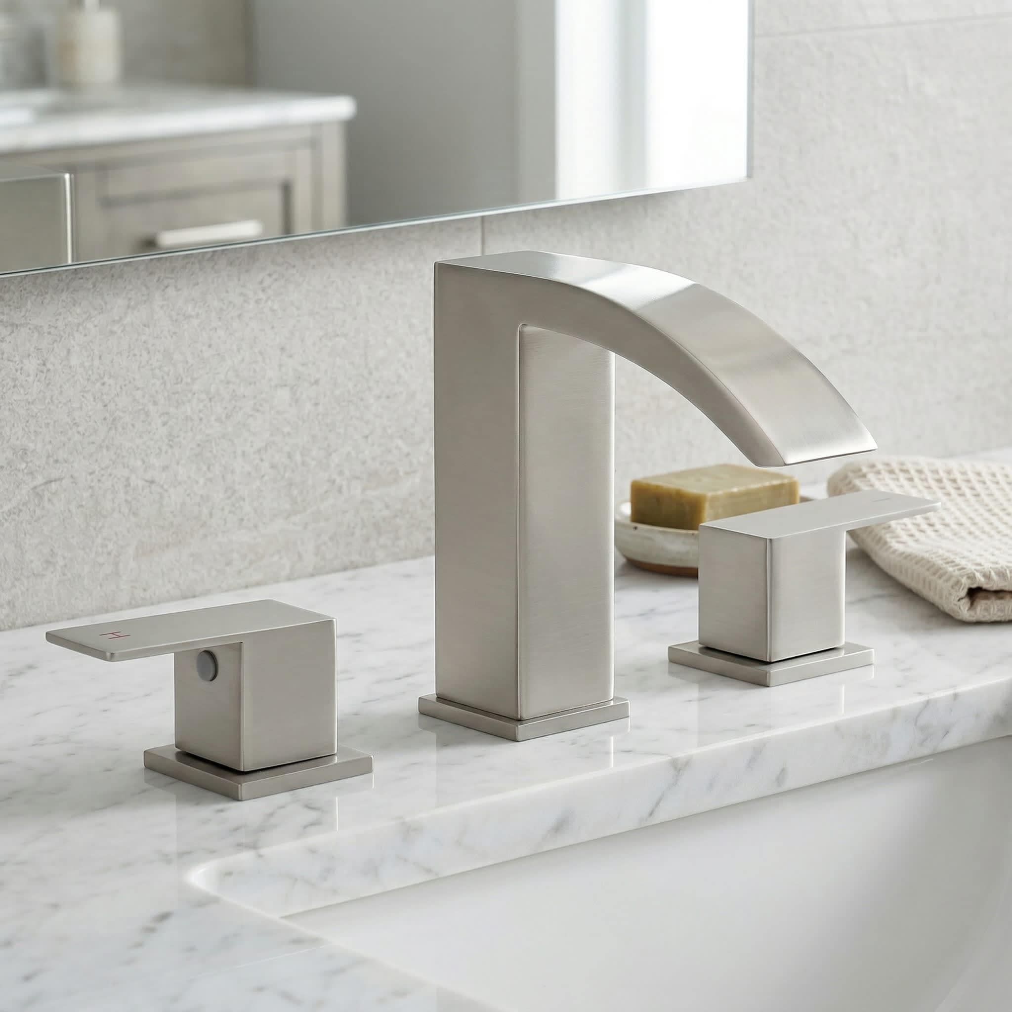 Rbied 8in Brushed Nickel Widespread 3-Hole Bathroom Faucet Double Lever with Hose