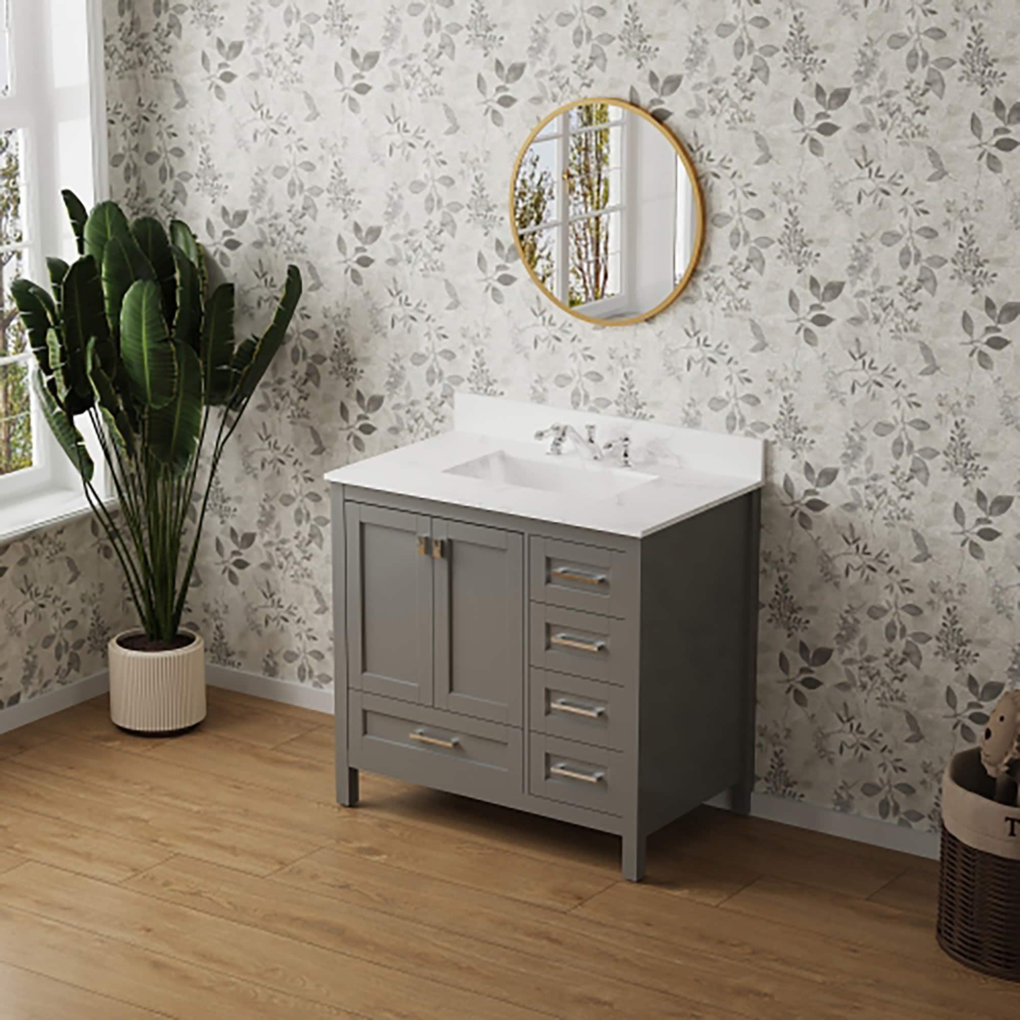 WELLFOR ABH-TGR36 30-in Gray Single Sink Bathroom Vanity with White Solid Surface Top