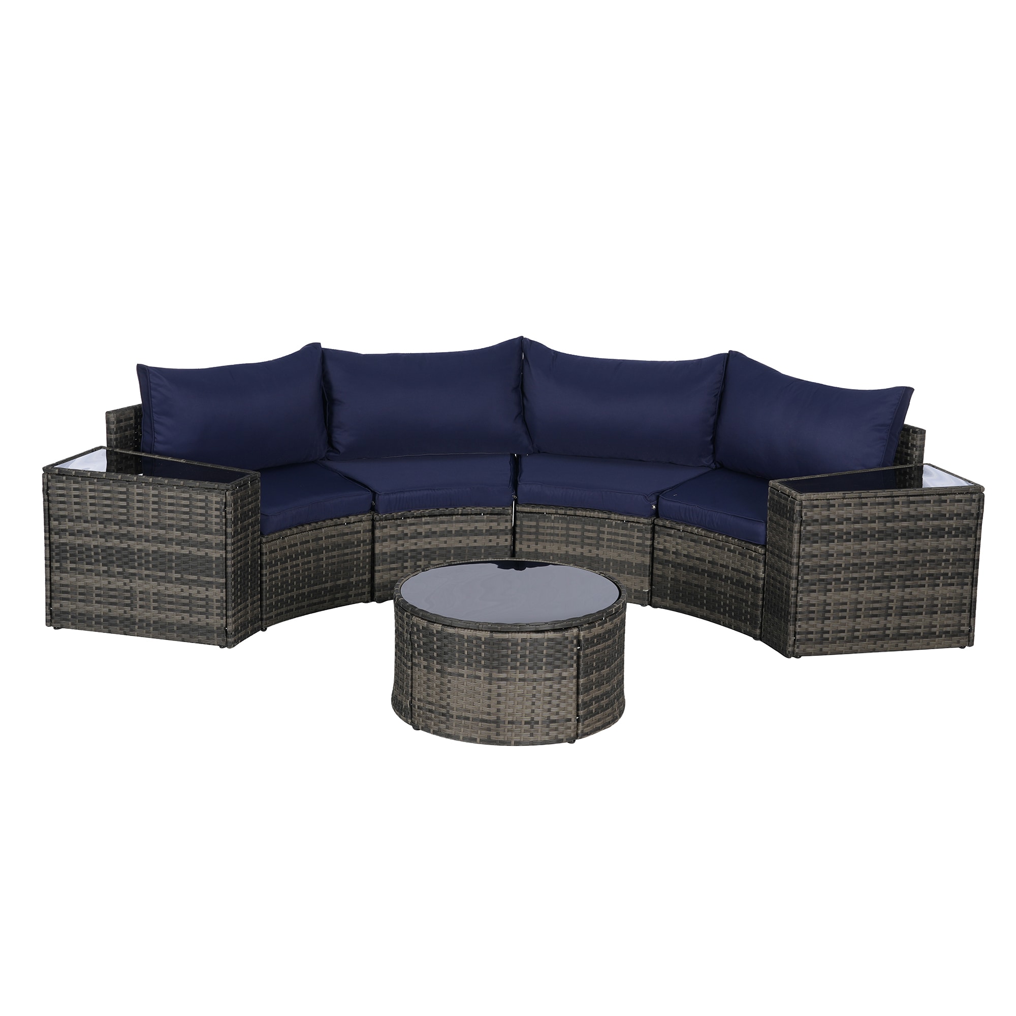 Bybafun YB6700084 Wicker Outdoor Sectional with Blue Cushions and Wicker Frame