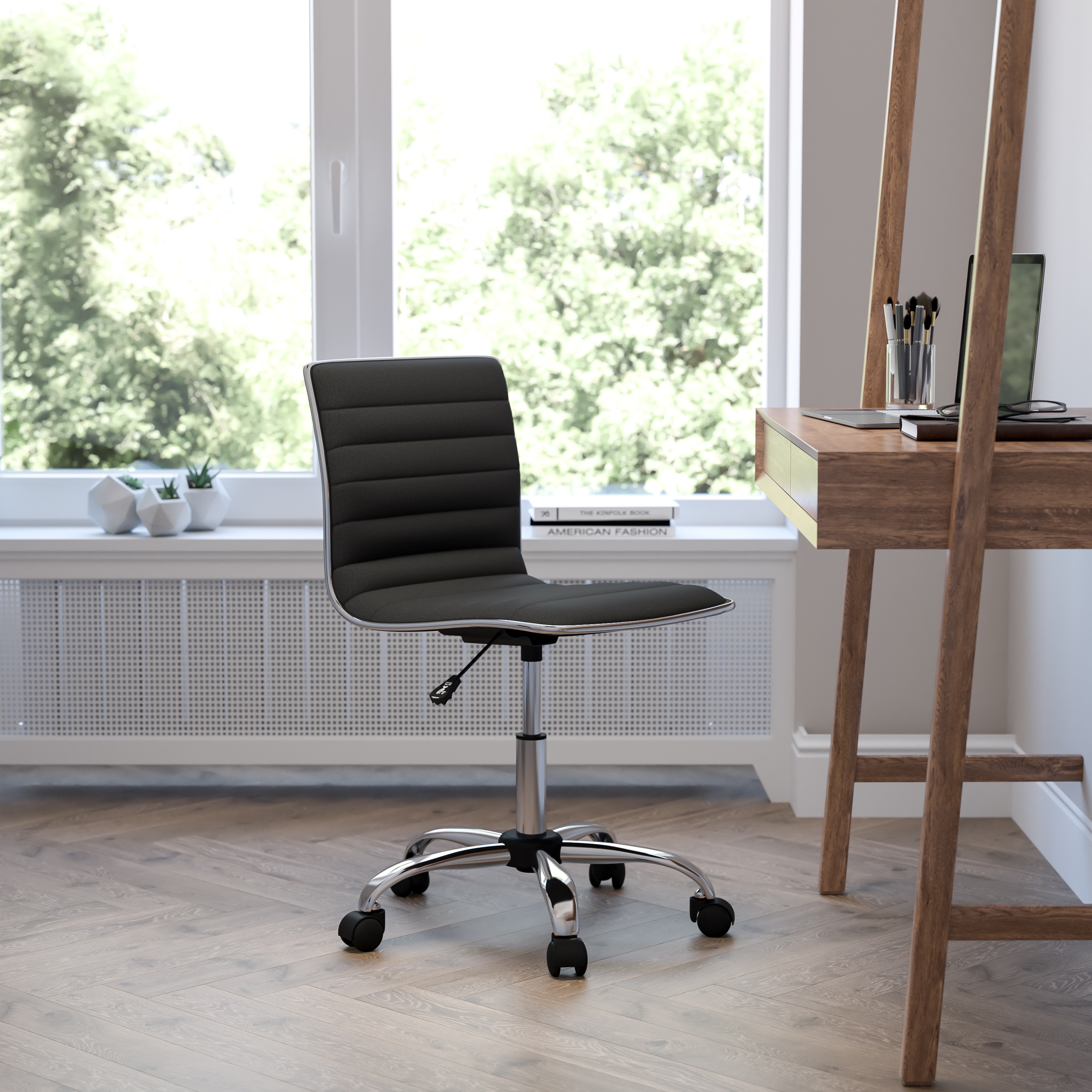Alan Low Back Armless Black Vinyl Swivel Task Chair with Chrome Base