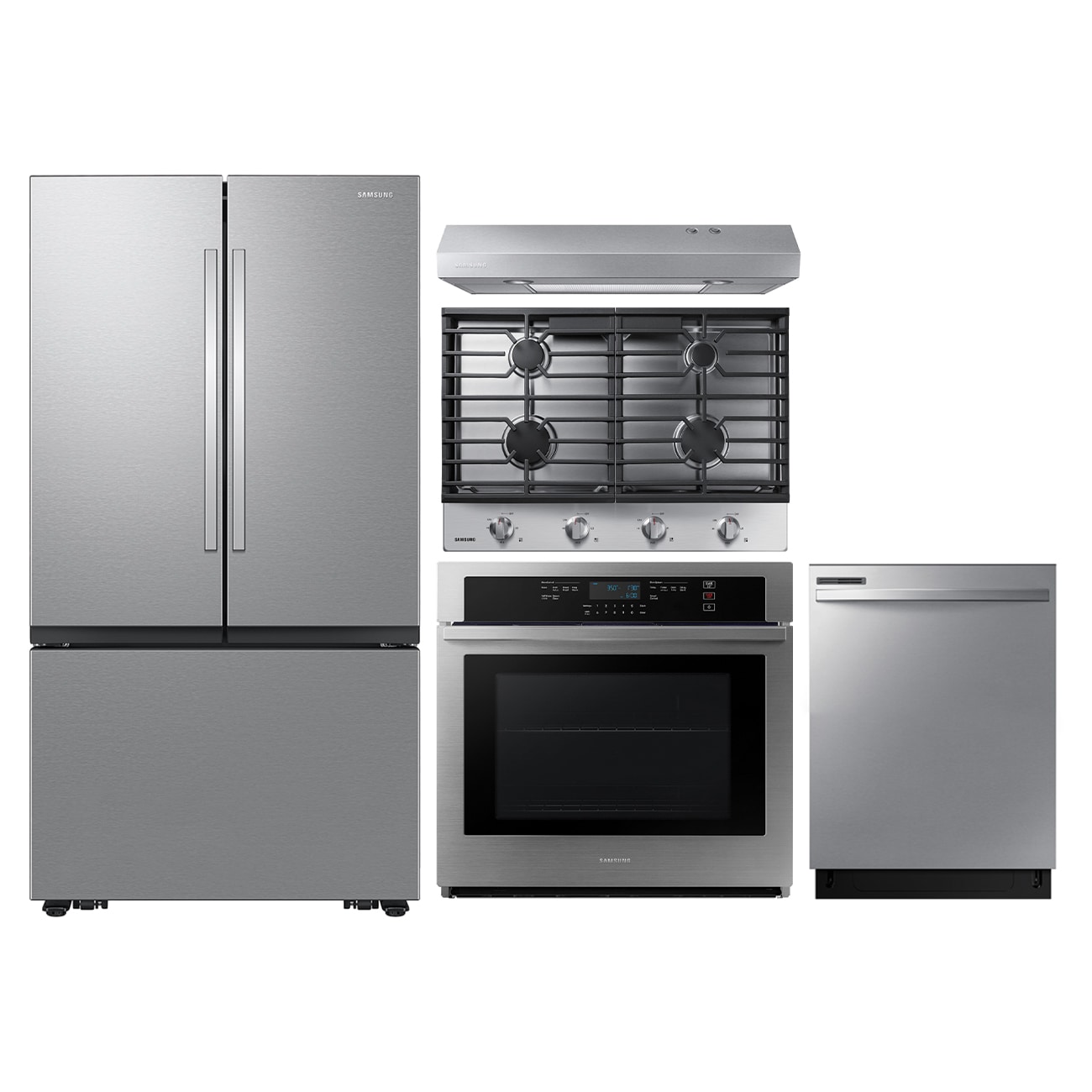 Samsung  Samsung Energy Efficient Kitchen Appliances Set: Smart French Door Refrigerator, Dishwasher, Gas Cooktop, Wall Oven, & Range Hood - Stainless Steel, Fingerprint Resistant