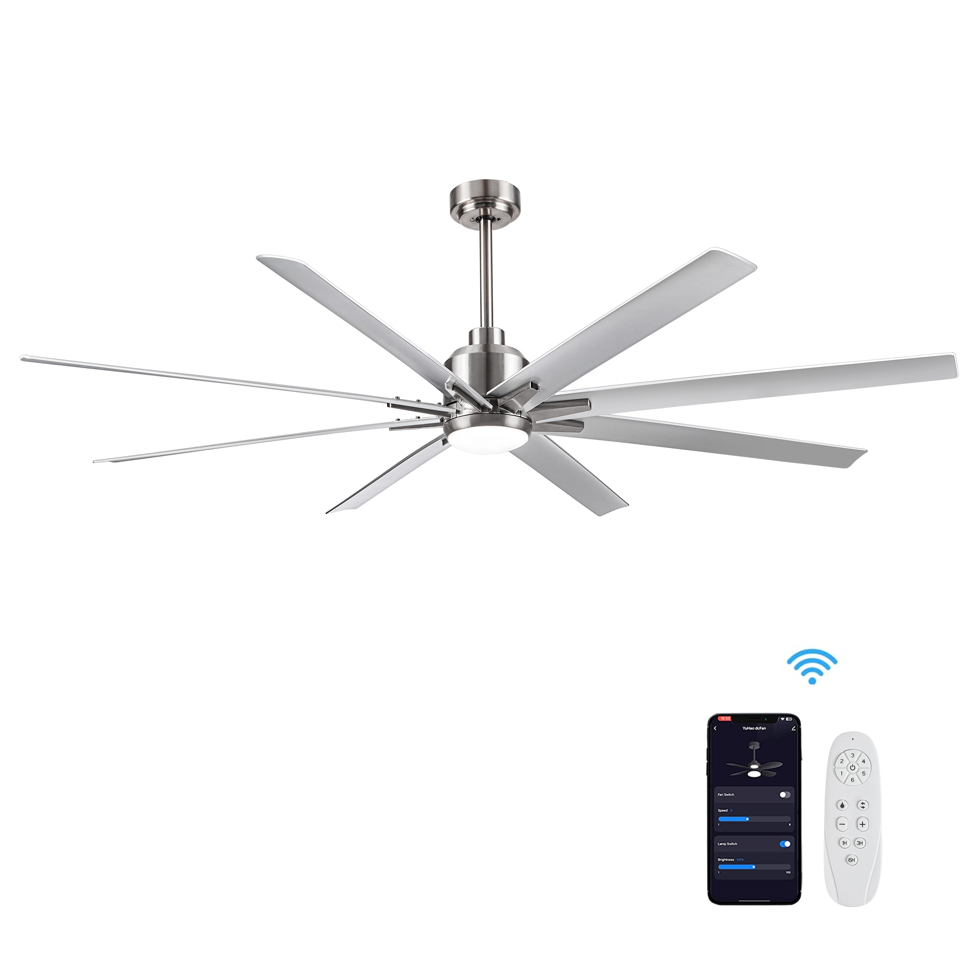 YUHAO Heekcaa 72-in Nickel with Matte Blades Color-changing Integrated LED Indoor/Outdoor Smart Ceiling Fan with Light and Remote (8-Blade) LSDC1109SN72 Sansujyuku sansujyuku.com