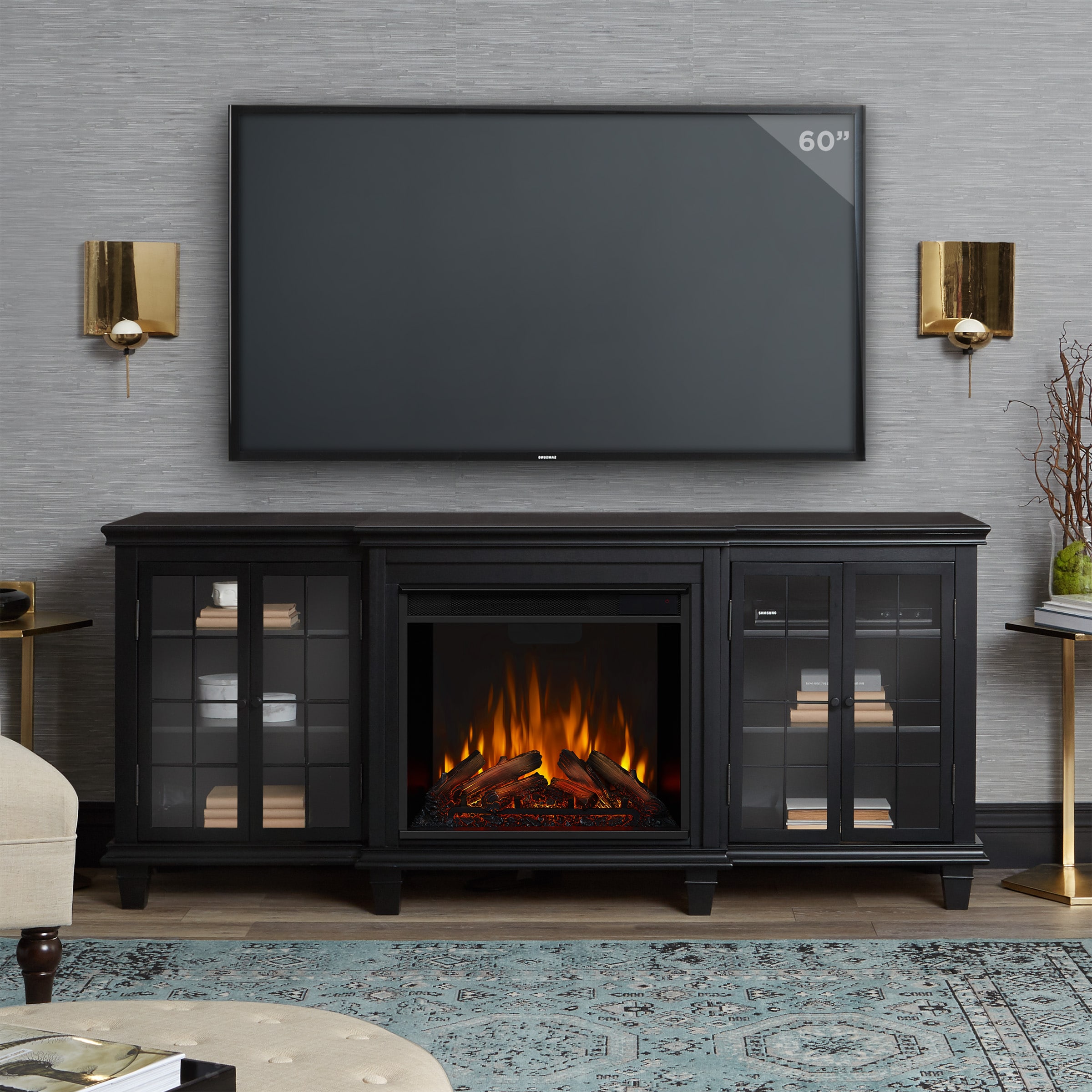 Real Flame 2770E-BK 70-in W Black TV Stand with Fan-forced Flat wall Electric Fireplace with Remote Control Included