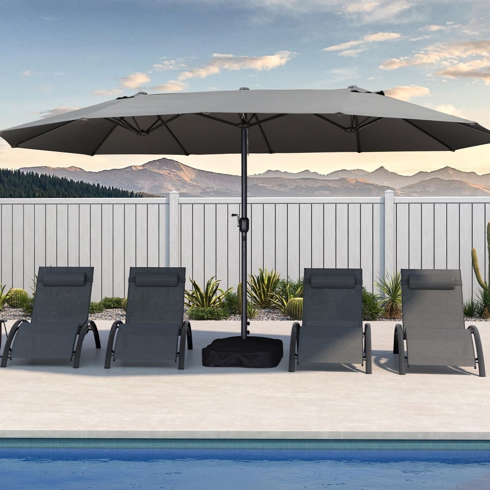 PURPLE LEAF LS03-STUM15-GY 15-ft Aluminum Gray Crank Market Patio Umbrella with Base