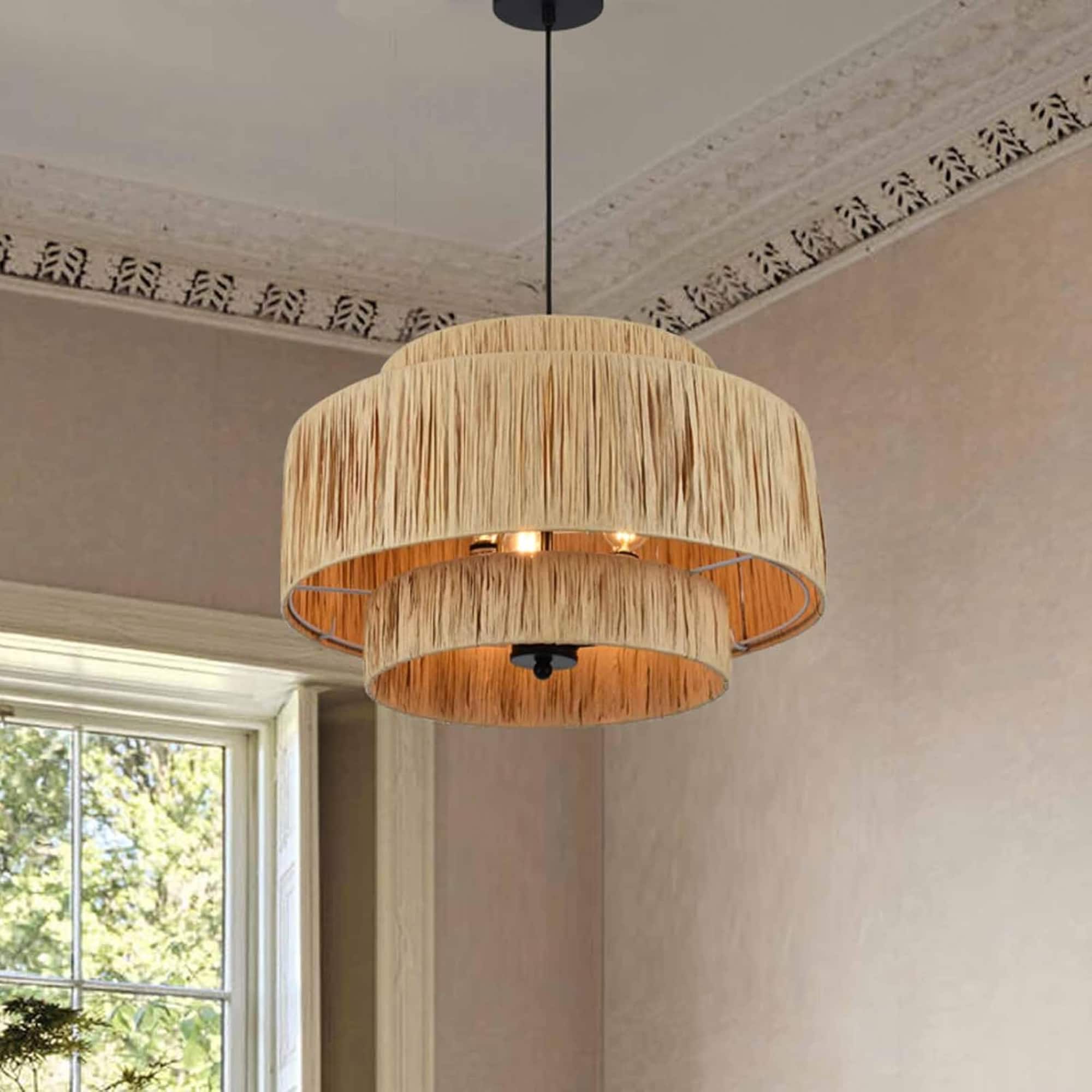 JUSHUA Three light boho chandelier features three tiered structure with natural raffia paper rope shade farmhouse hanging pendant fixture brings casual warm style for bedroom dining room and living room