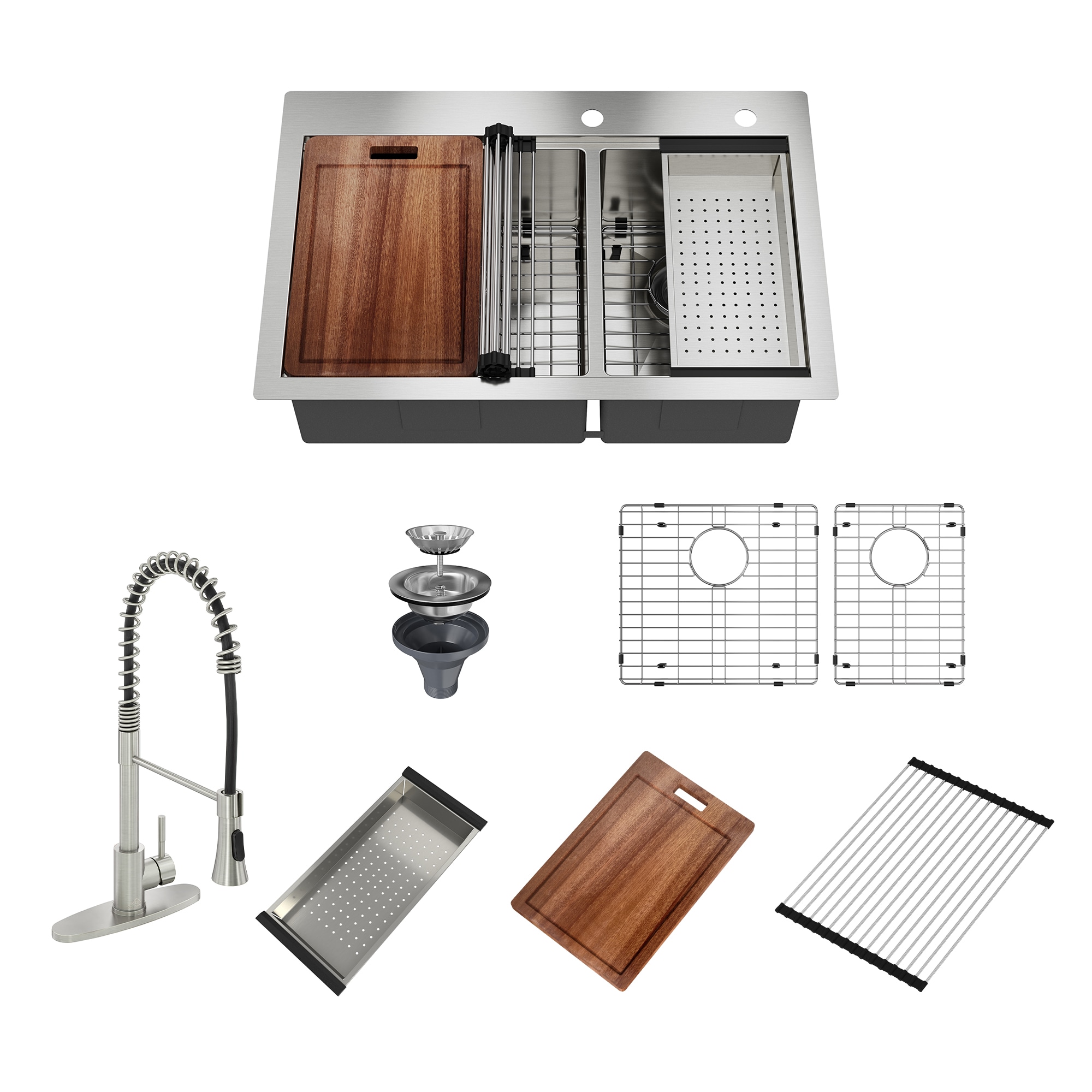 CASAINC KCSL0048-D0675N Drop-in 33-in x 22-in Stainless steel Double offset bowl 18 -Gauge Workstation Kitchen Sink All-in-One Kit with Drainboard