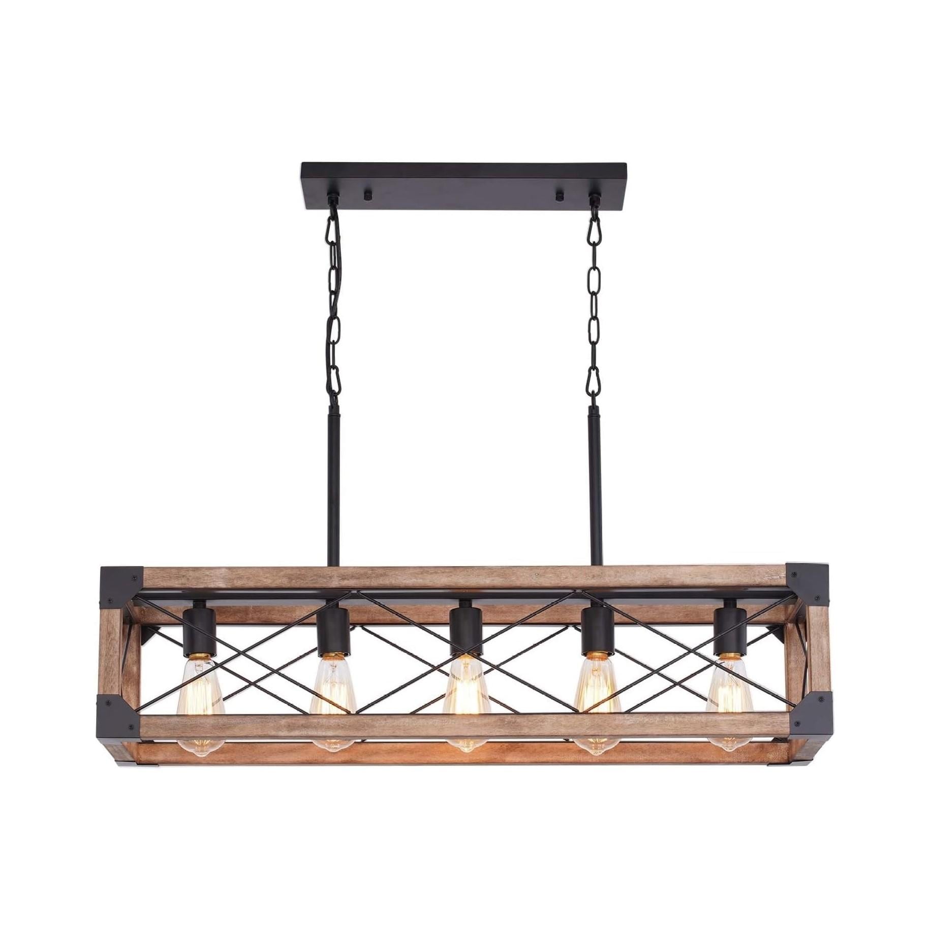 Bayfeve BFDJ-5425-LT Industrial Metal Cage Chandelier 5 -Light Solid Wood Farmhouse Linear Hanging Kitchen island light