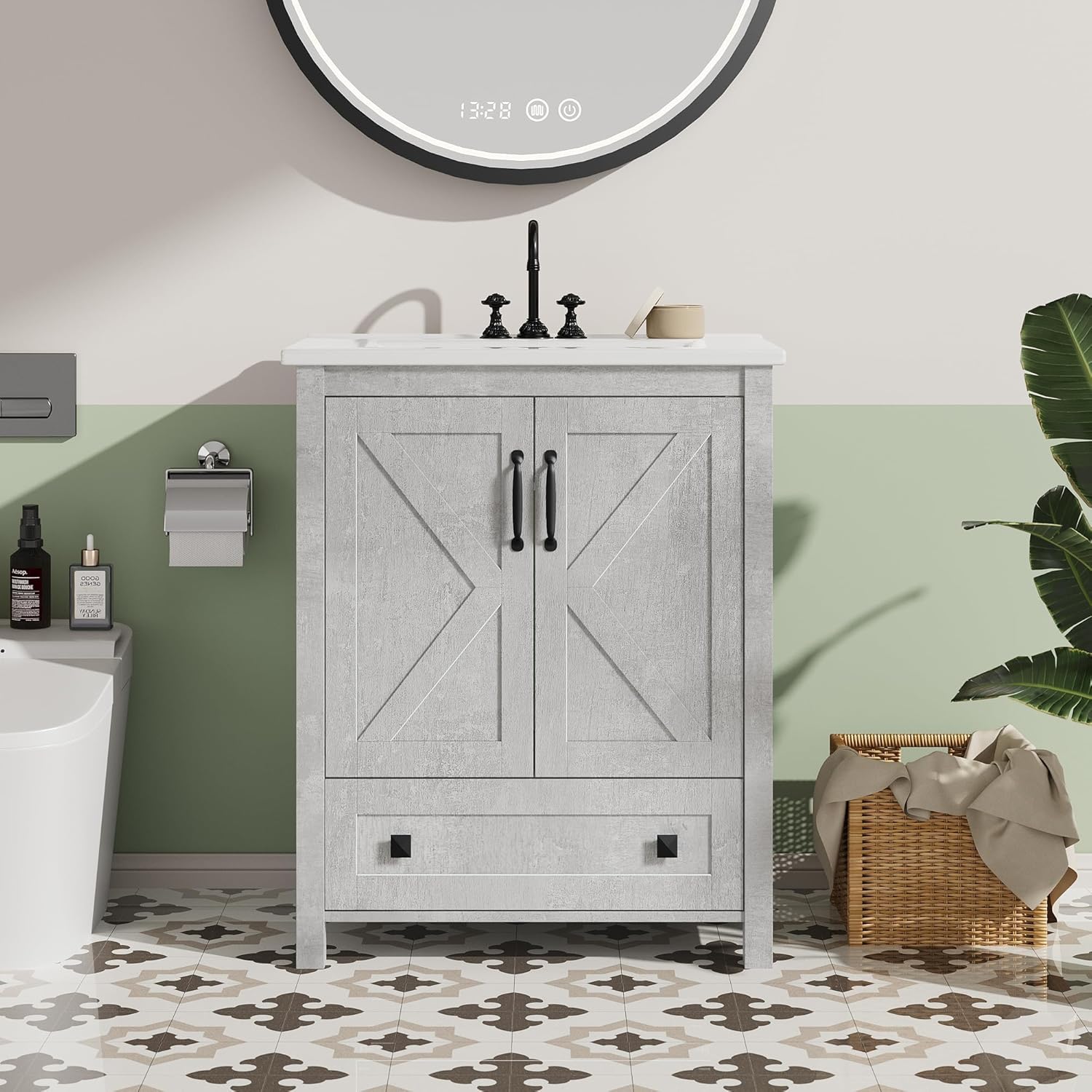 Idealhouse 24 inch Vanity with Ceramic Sink Modern Bathroom Vanity with 2 Doors and 1 Storage Drawer Freestanding Bathroom Cabinet with Contemporary Design for Your Bathrooms Easy Assembly Gray