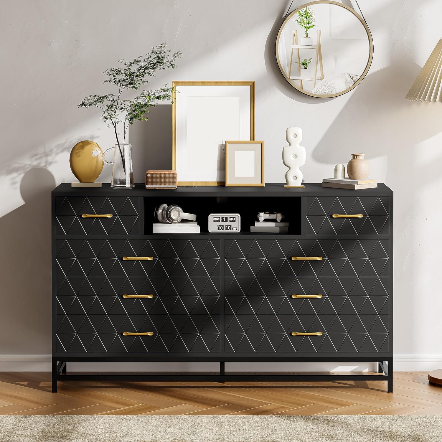 Qeetex LHF-DG-839OPBG5029 8 Drawers Wooden Dressers for Bedroom with Gold Handles - Modern Wide Dressers TV Stand for 55 Inch with Charging Station - Solid Wood Dresser with LED Lights Power Outlet for Living Room (Black)