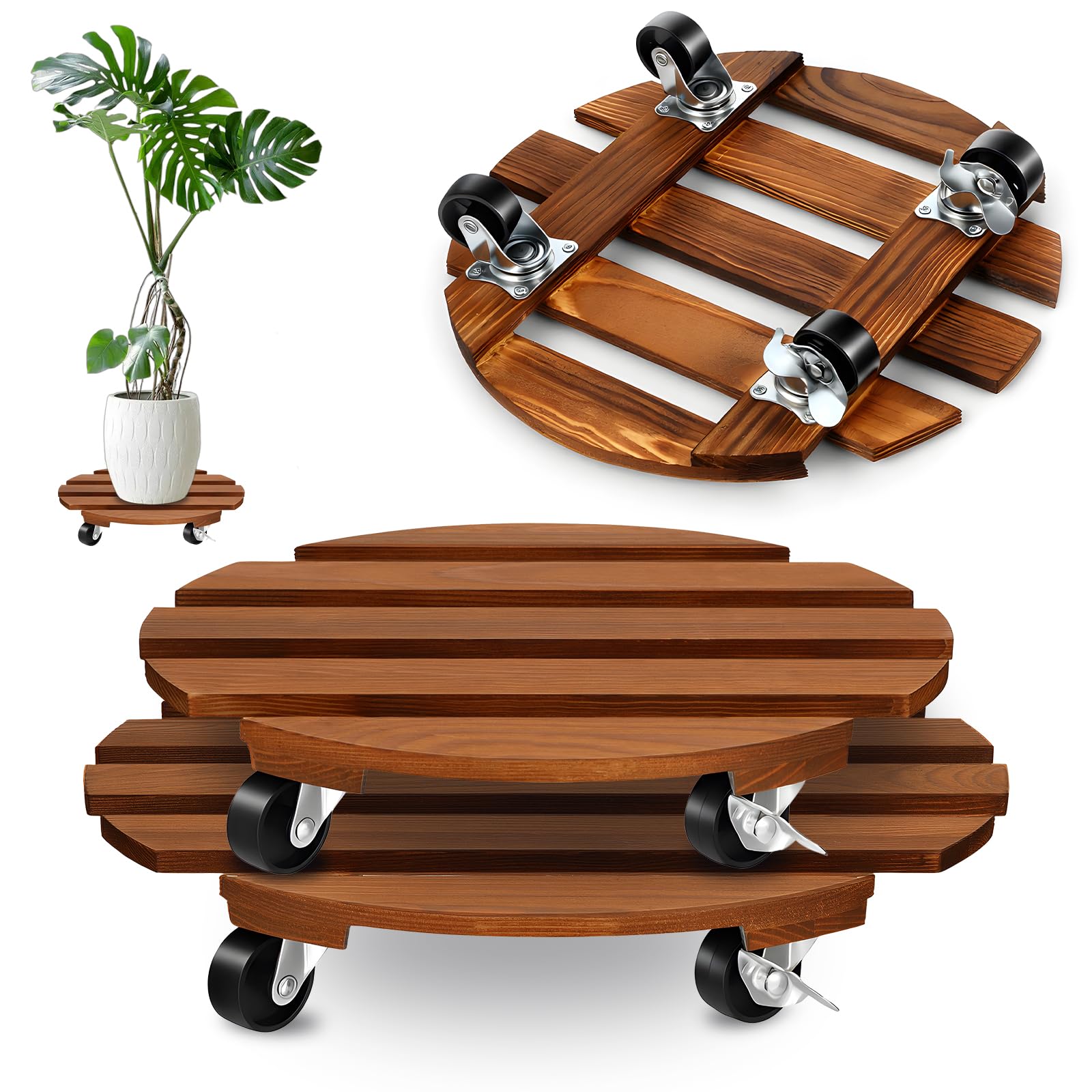 UUDULY - Wood Plant Caddy with Wheels Set of Two Round Plant Rollers Heavy Duty Plant Stands on ...