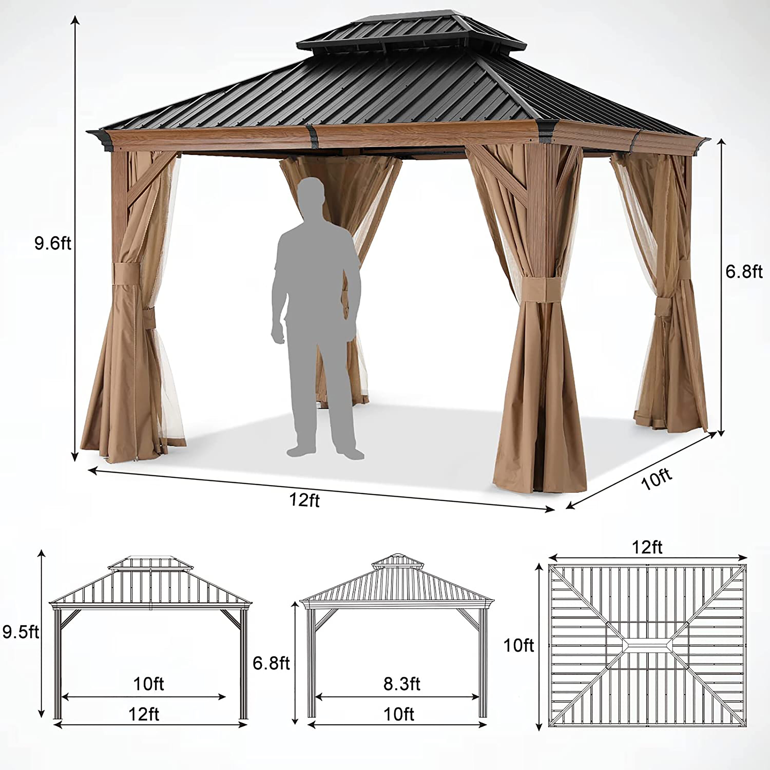 ABCCANOPY 12-ft x 10-ft Rectangle Wood Looking Metal Steel Roof Gazebo ...