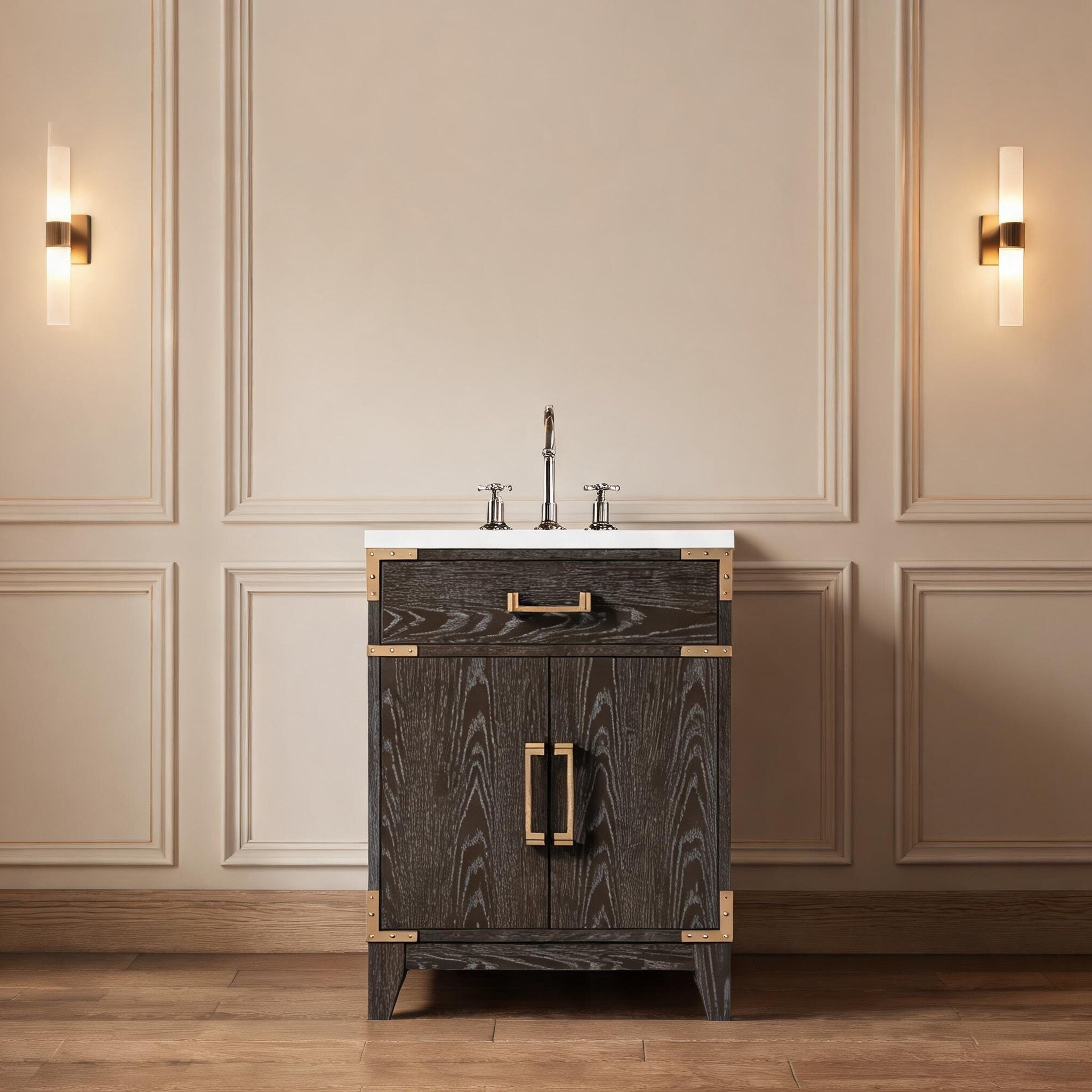 SunJet Luxury 24-inch Brown Oak Single Bath Vanity Cabinet with Soft-Close Door and Spacious Interior Storage