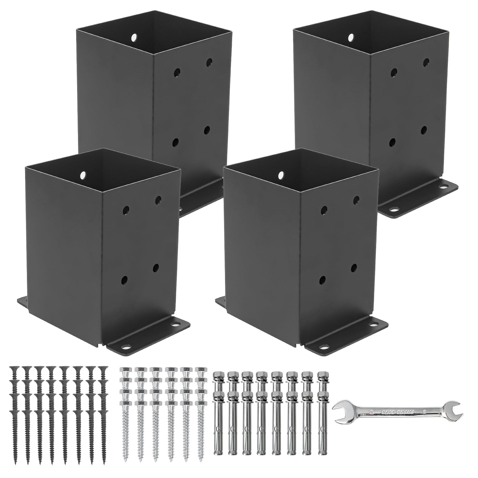 Afoxsos 4 pcs 4x4 Post Base Solid Steel Black Powder Coated Post Brackets for Deck Porch or Mailbox Mounts Includes Screws and Wrench Rustproof #LAF0719F068