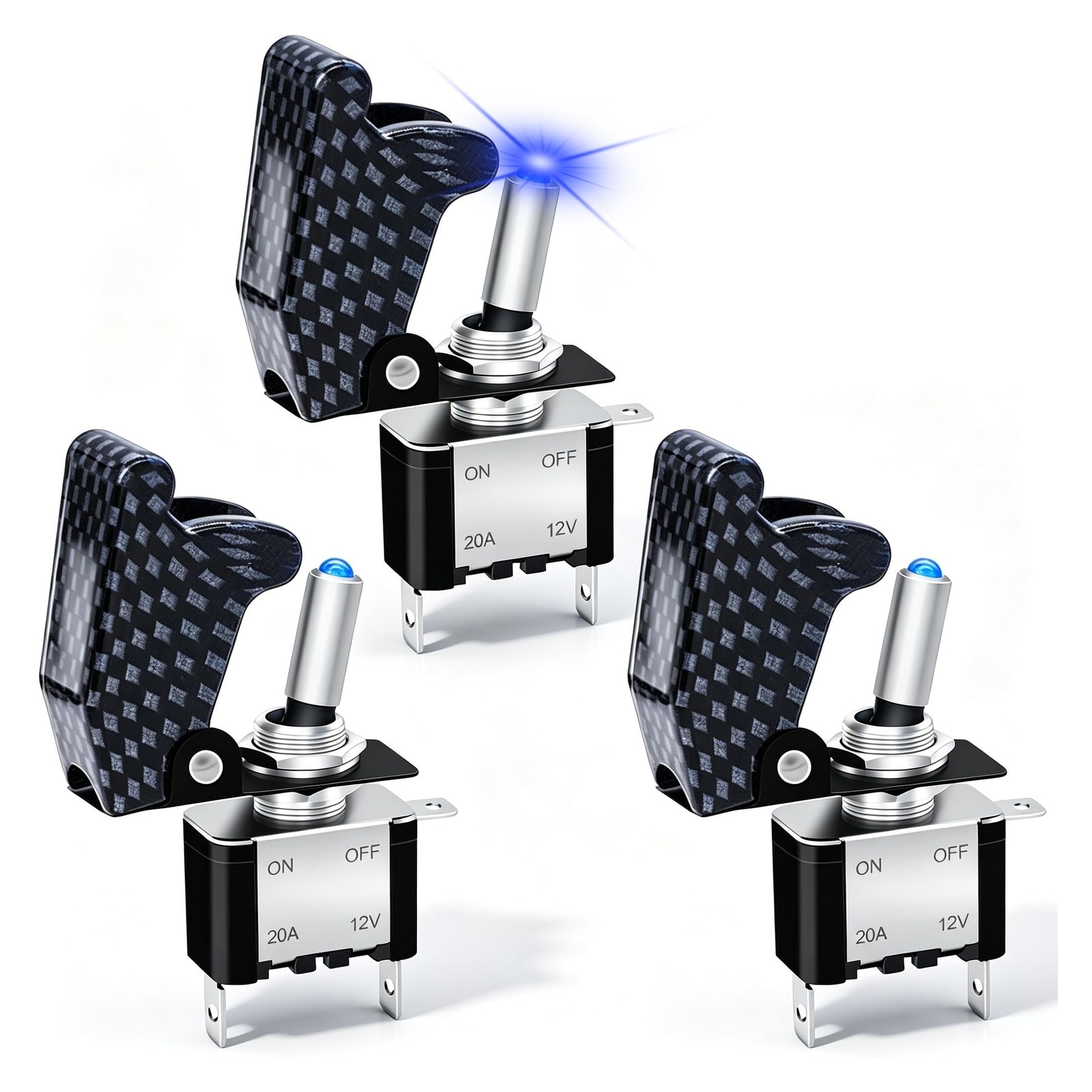 AOIZGMY  3Pcs Rocker Toggle Switch 12V 20A Heavy Duty Automotive SPST ON OFF Blue LED Light Charcoal Grey Waterproof Safety Cover 3Pin