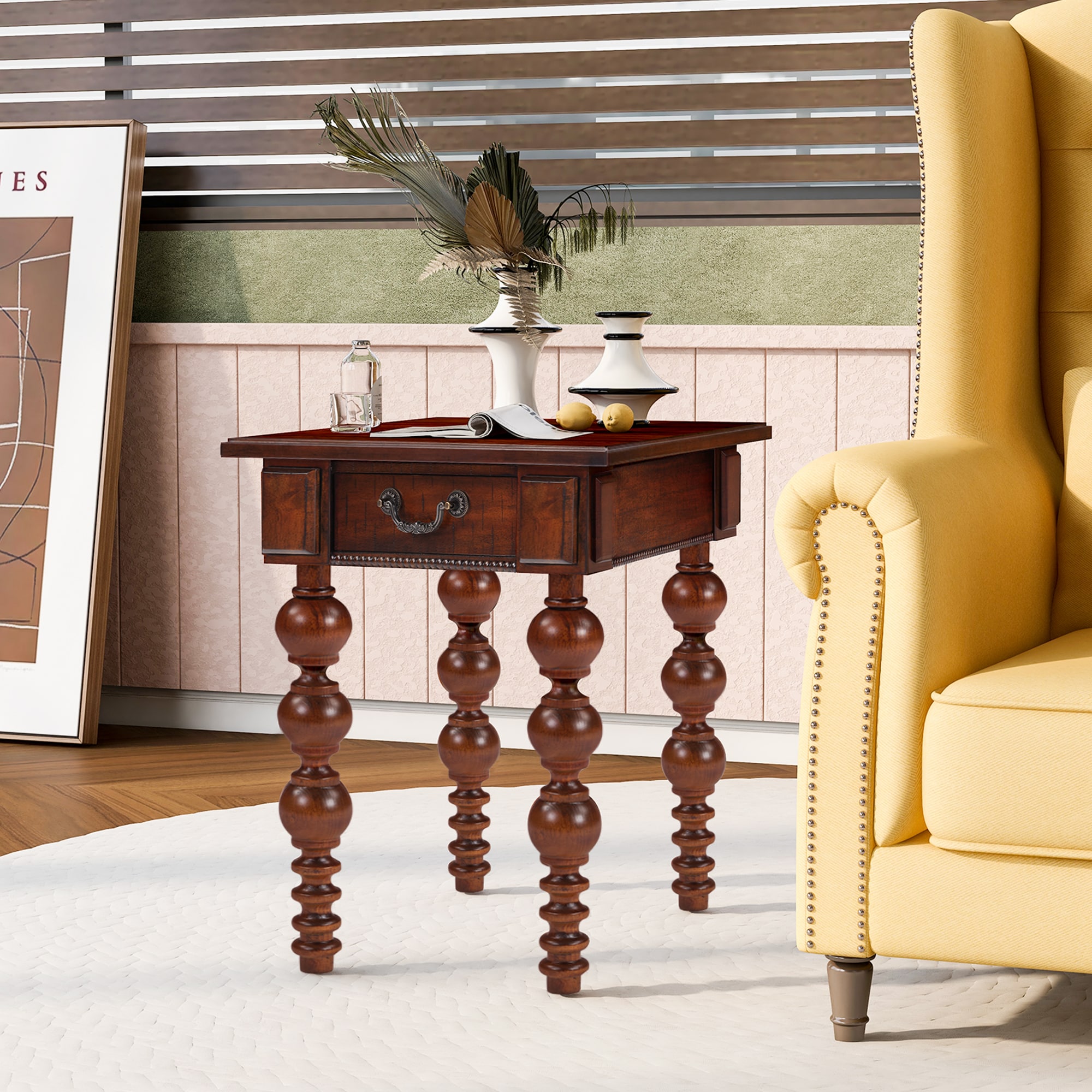 KTMBDW - Solid Wood End Table with Drawer Vintage Narrow Sofa Side Table for Living Room Bedroom ...