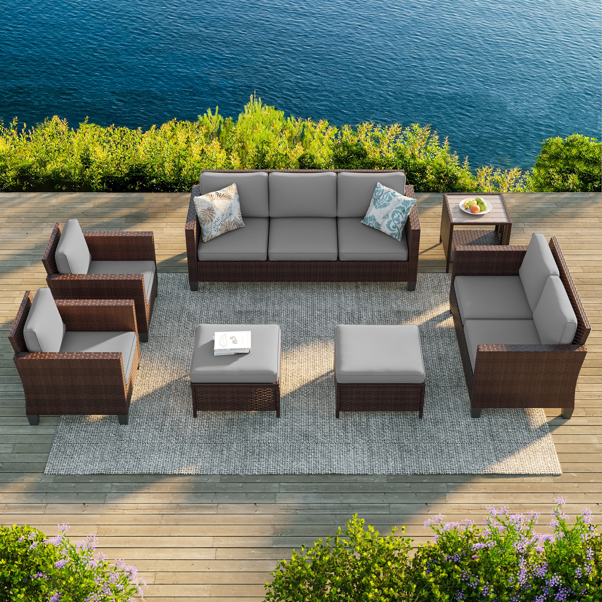 Sonkuki SD-PS-115BGY-S3T3 Patio Conversation Set 7 -Piece Wicker Patio Sofa Conversation Set with Gray Cushions