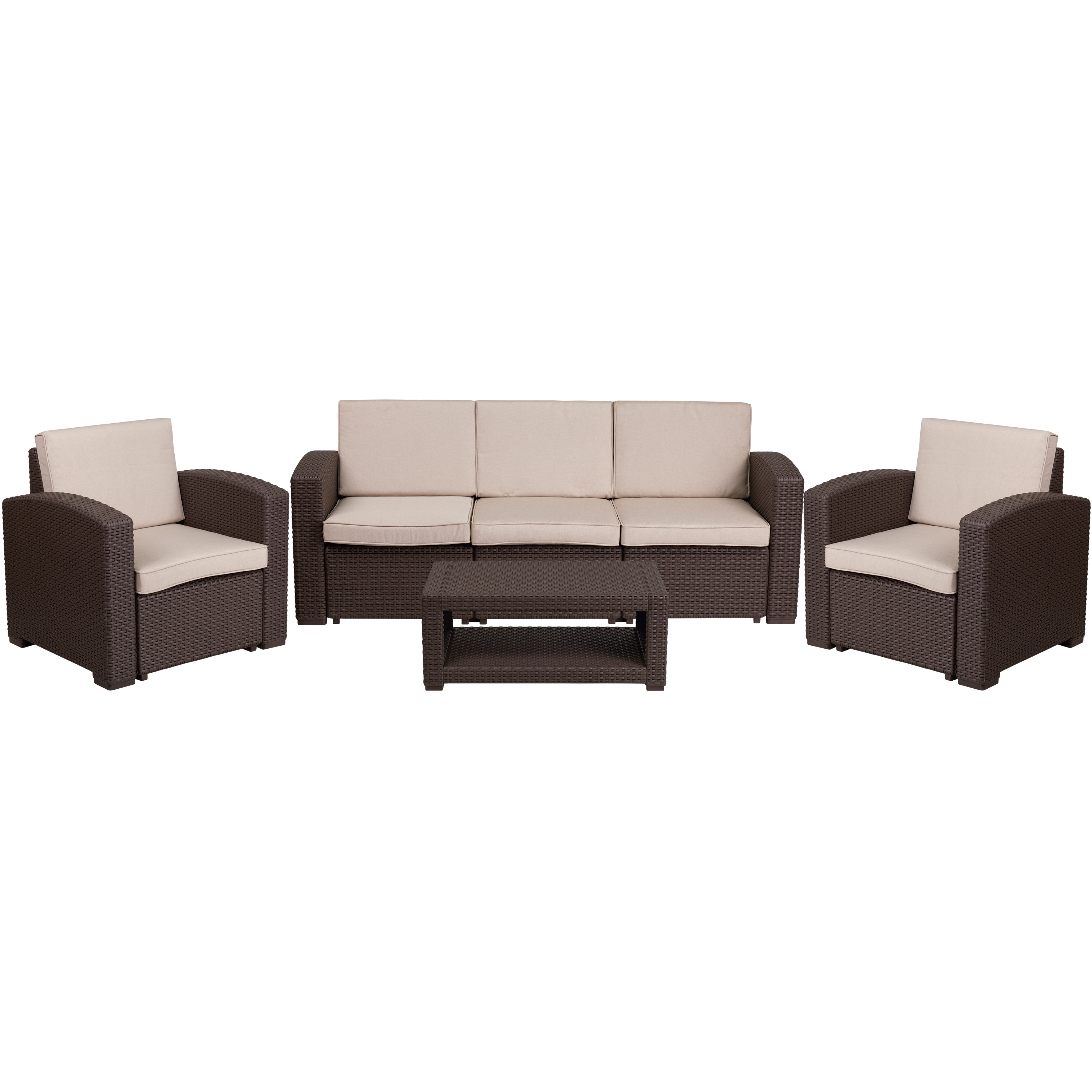 Merrick Lane 196861627439 Vivian 4 Piece Chocolate Brown Faux Rattan Patio Furniture Set with 2 Chairs and Sofa with Removable Beige Cushions and Table