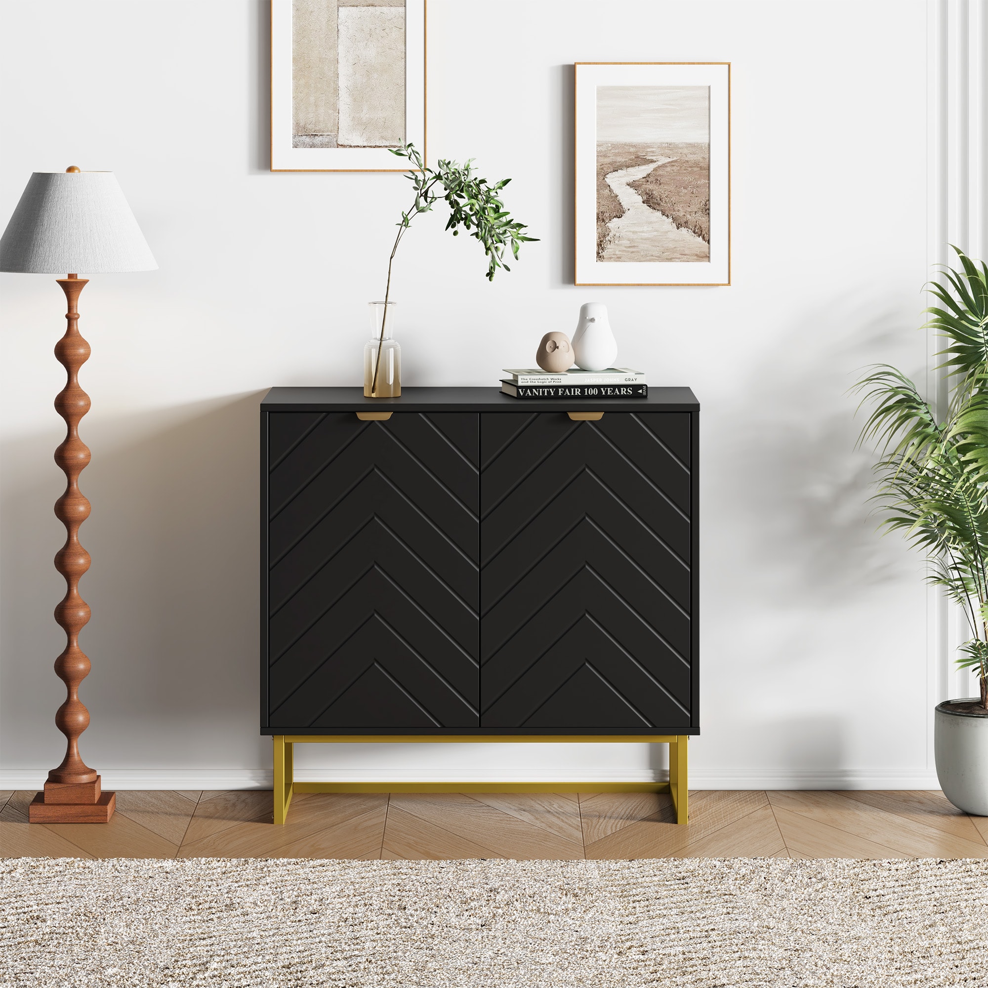 IdealHouse - Modern Buffet Sideboard with 2 Doors and Shelf Wood Credenza Console Cabinet Black