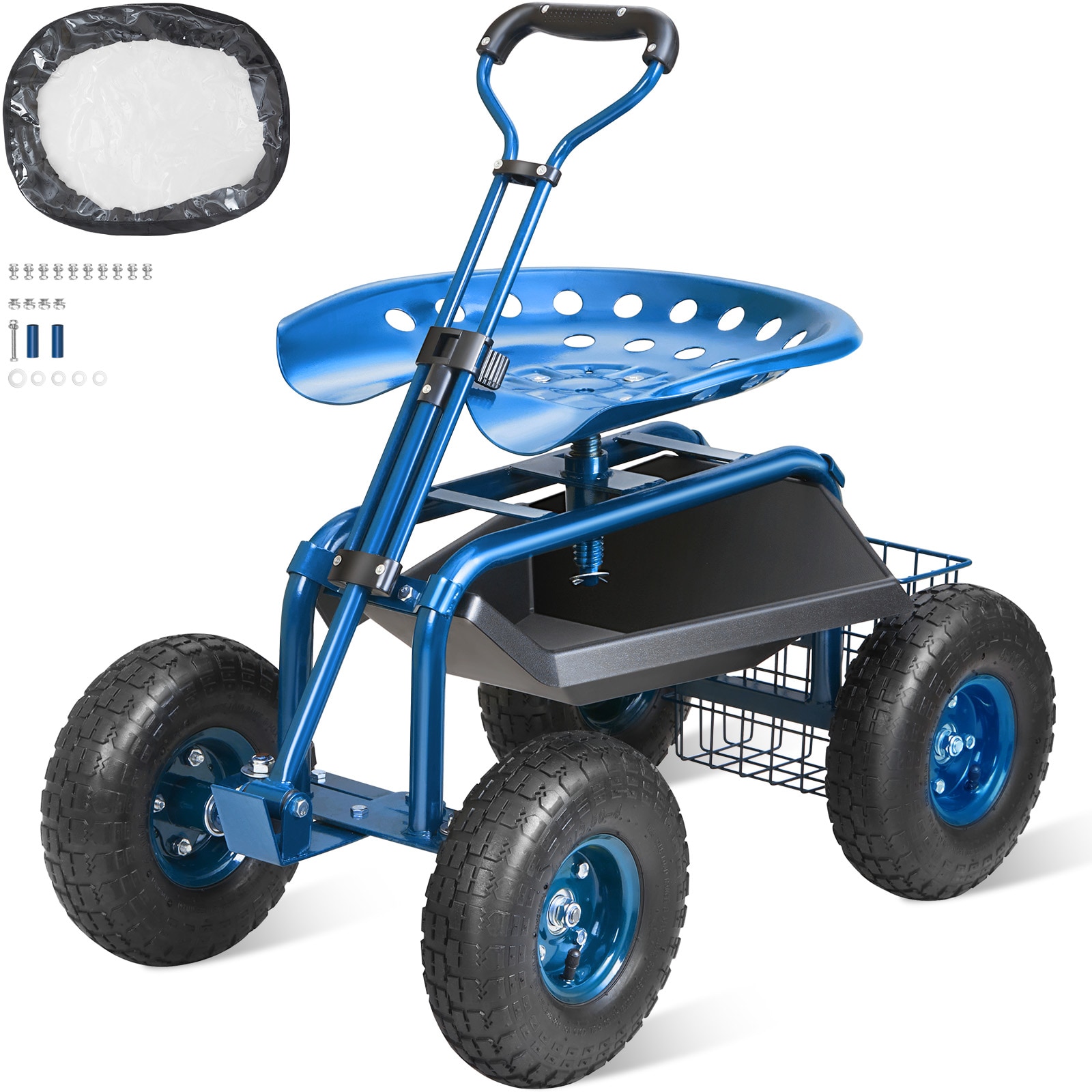 VEVOR SCKDJZXKZX0001689V0 Garden Cart Rolling Workseat with Wheels  Gardening Stool for Planting  360 Degree Swivel Seat  Wagon Scooter with Steering Handle and Utility Tool Tray  Use for Patio  Yard  and Outdoors  Blue
