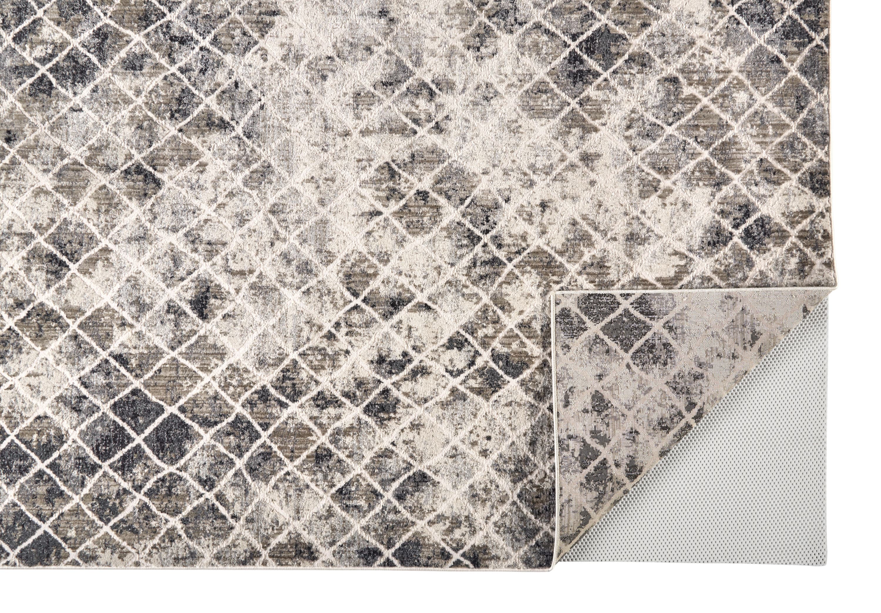 Ivory and Gray Distressed Diamond Pattern Rectangular Rug
