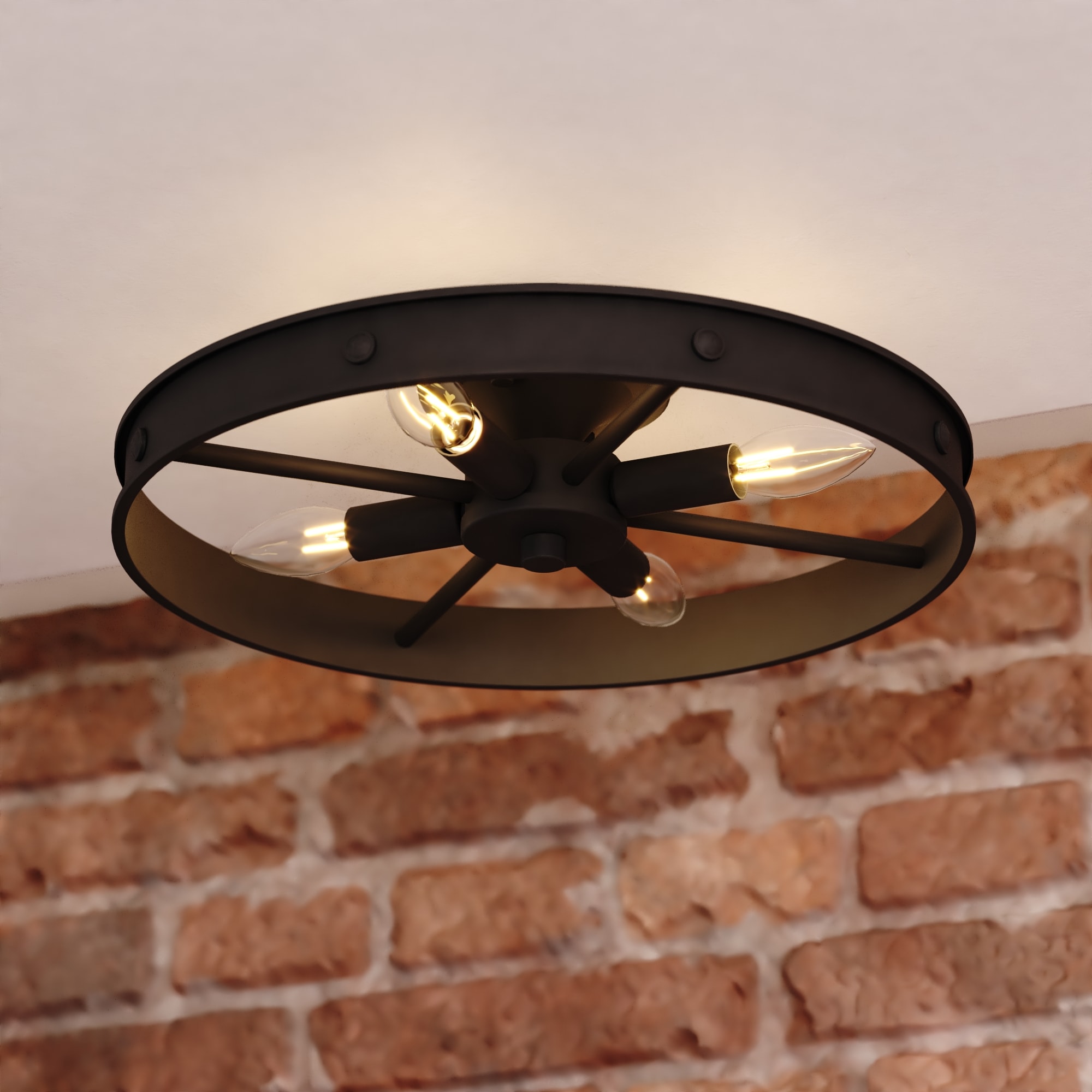Cascadia Santa Fe 4-Light Matte Black Rustic Wagon Wheel Semi-Flush Mount Ceiling Light LED Compatible 15 in. Wide