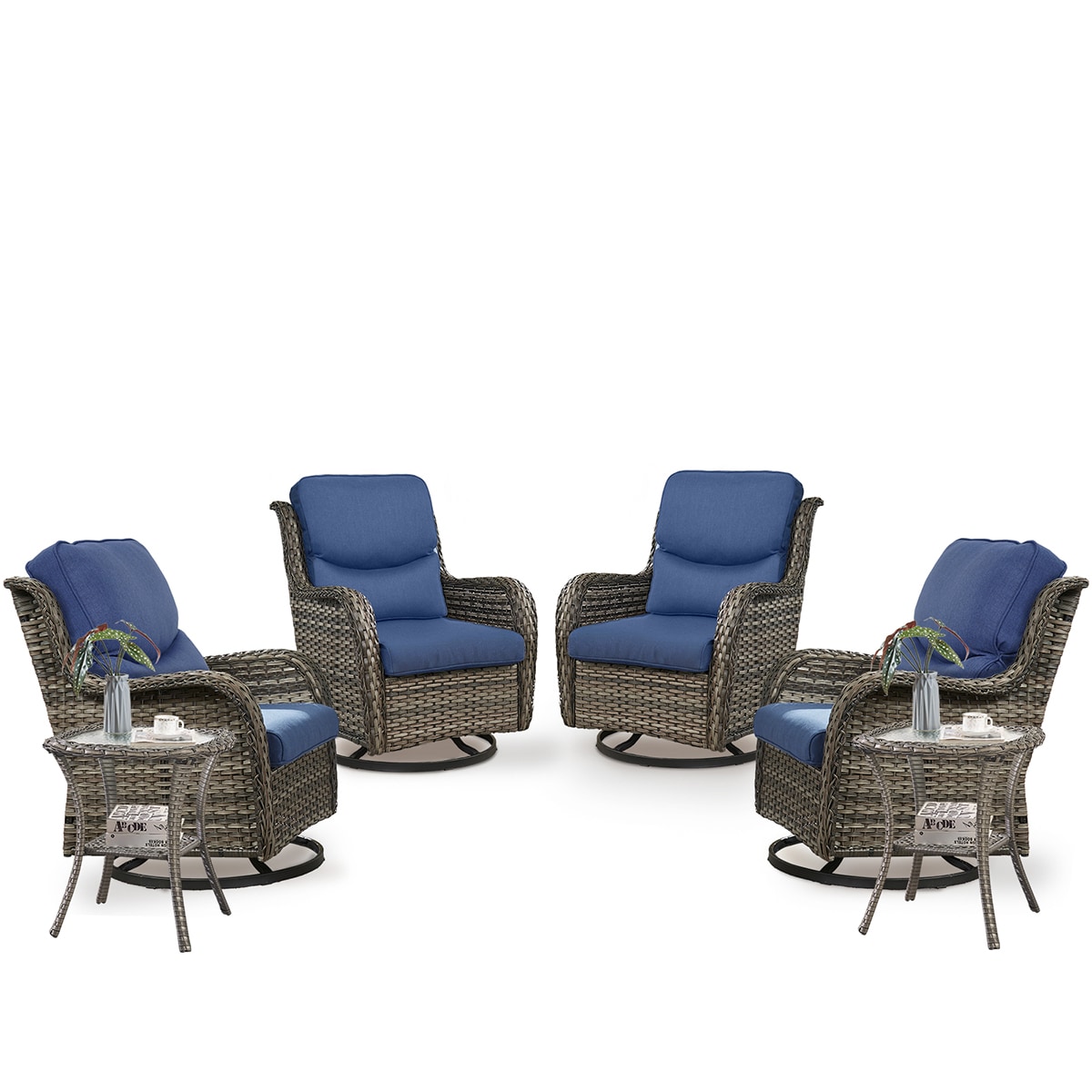 Rilyson FS036XLX2-1 Smiley Set of 4 Wicker Gray Wicker Frame Swivel glider Conversation Chair with Gray Blue Cushioned Seat