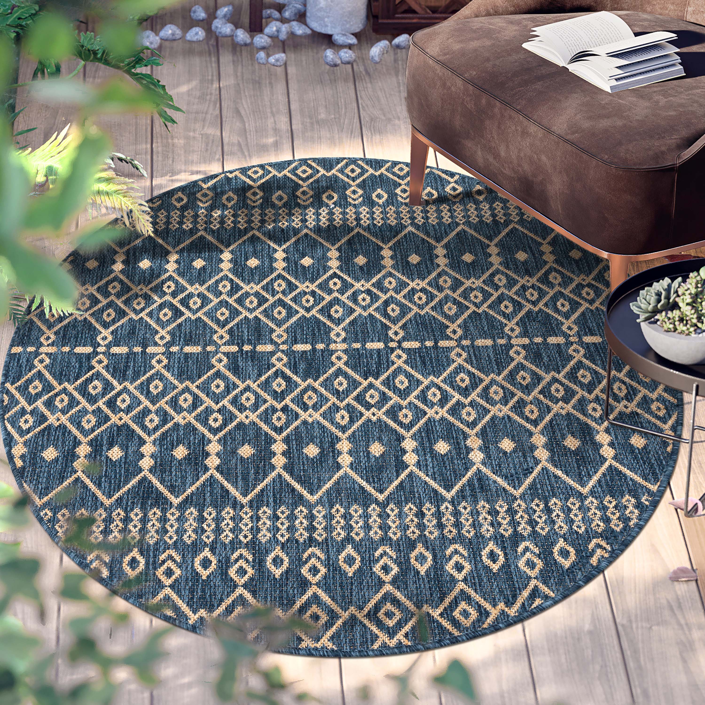 Well Woven MED-54-4R 4 x 4 (ft) Flatweave Polypropylene Blue Round Indoor/Outdoor Trellis Moroccan Area rug