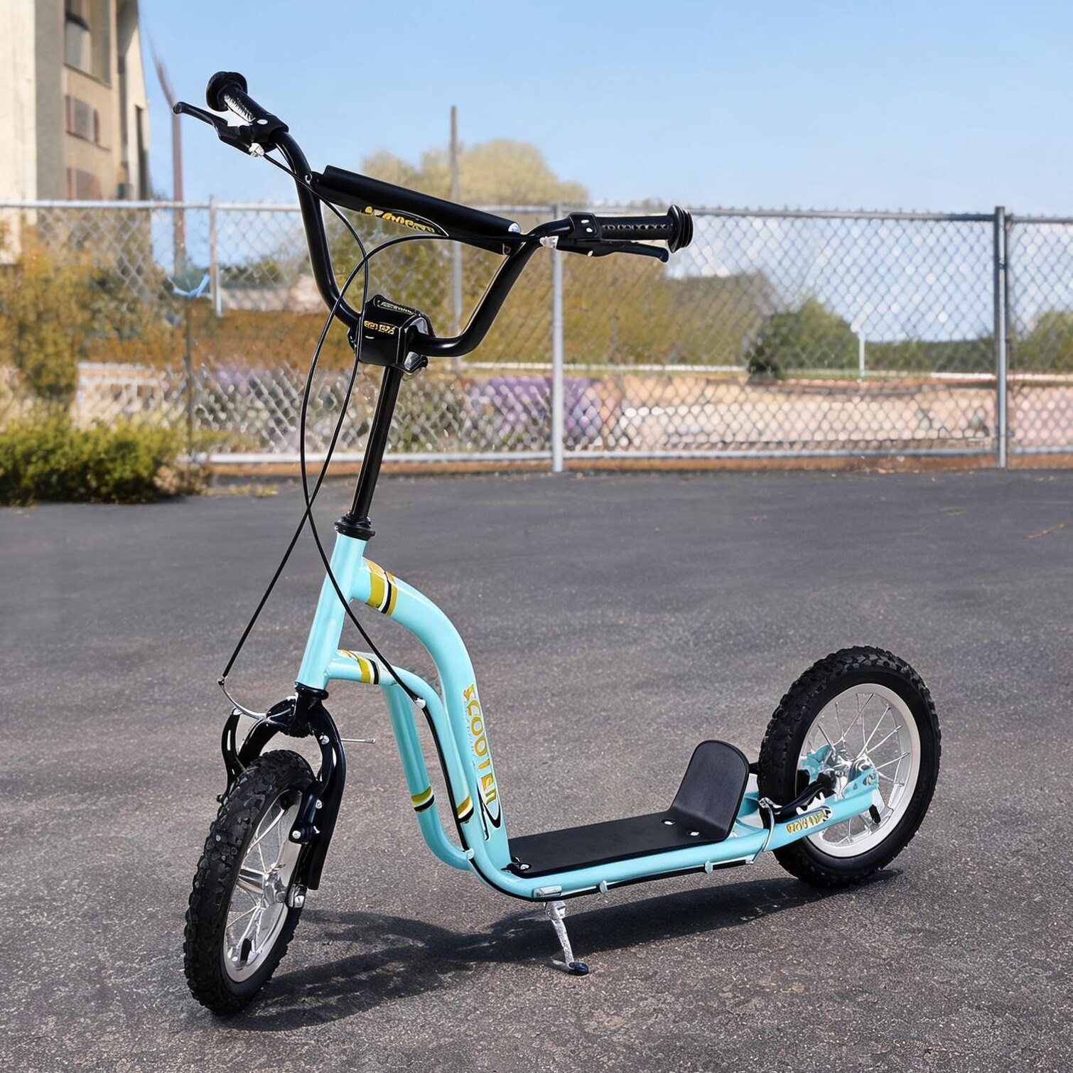 chillscreamni Blue-Toned Steel Youth Kick Scooter with 12-Inch Inflatable Wheels and Dual Brakes for Ages 5+