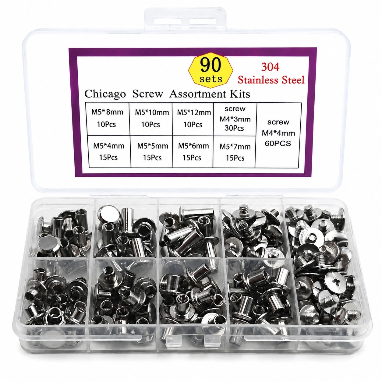 JOWEI 90 Sets 304 Stainless Steel Chicago Screws Leather Assorted Kit 7 ...