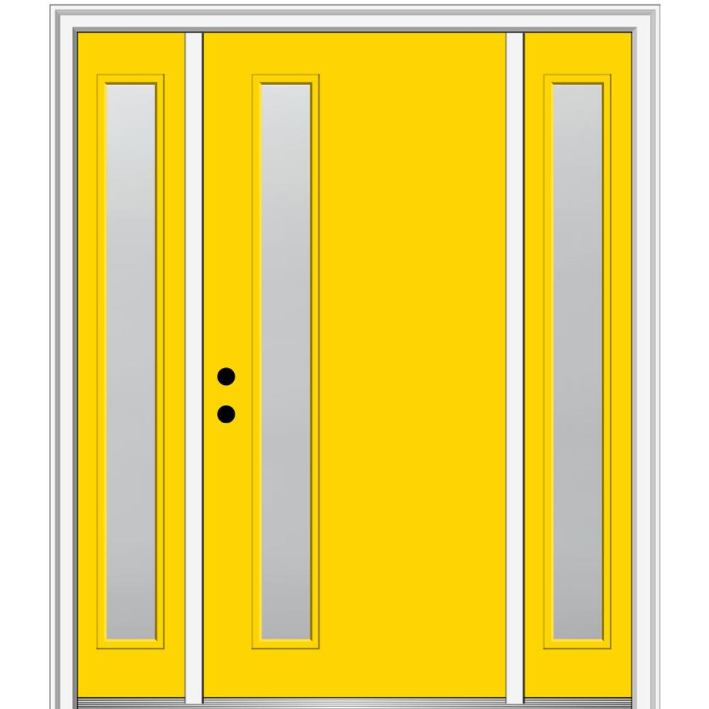 MMI DOOR ZZ347095R Spotlights 64-in x 80-in x 4-9/16-in Fiberglass Pulse lite Right-hand inswing Yellow Flash Painted Prehung Front Door with Sidelights with Brickmould Insulating core