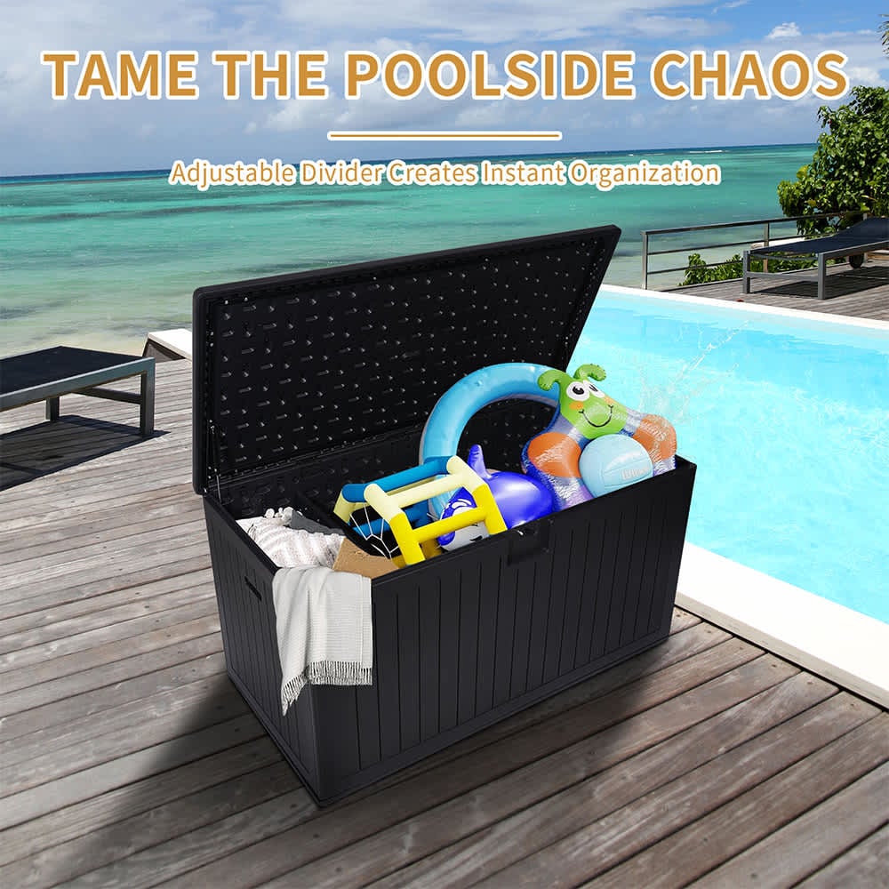 JUJABU DECKBOX-6 Black Resin Outdoor Deck Box Waterproof Extra Large Patio Storage Box with Lockable for Patio Furniture Cushions
