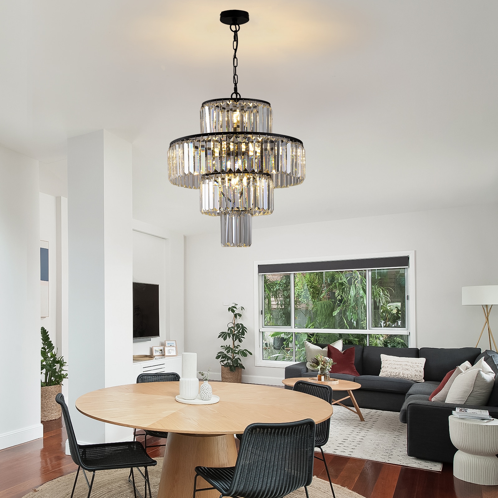 Huluwat 20 Inches Modern Crystal Chandelier with Black Finish 4-Tier Design for Dining Room or Living Room Elegant Crystal Pendant Light Fixture (Bulb Not Included)