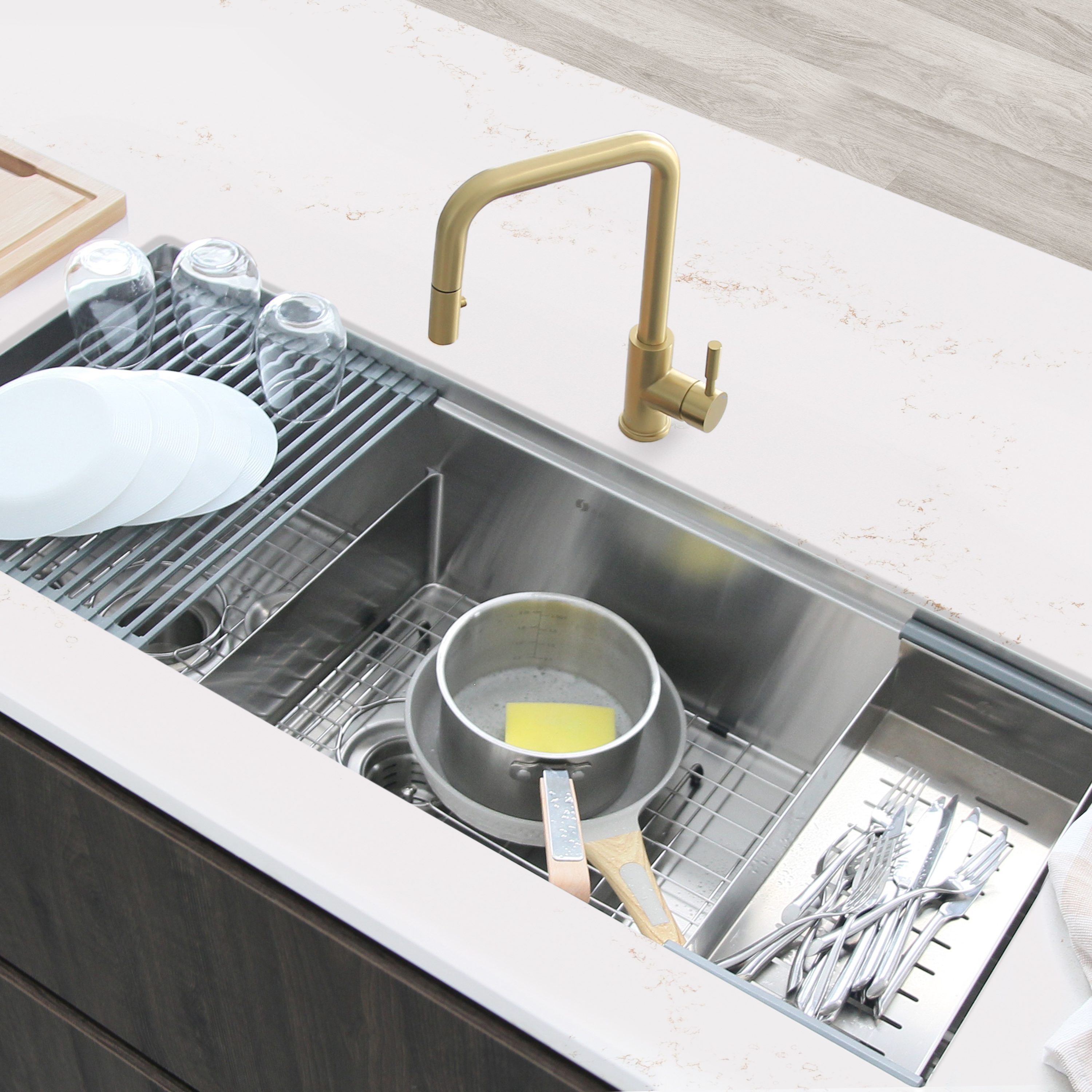 63 Workstation Sink - Double Bowl with Offset Drains - Reversible