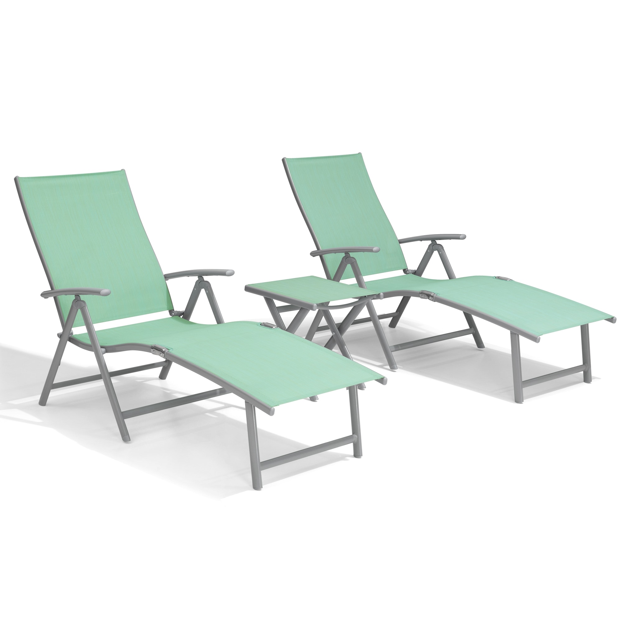 Crestlive Products CL-LG001GRN Folding Chaise Lounge with Table 3 -Piece Patio Conversation Set with Green Textilene