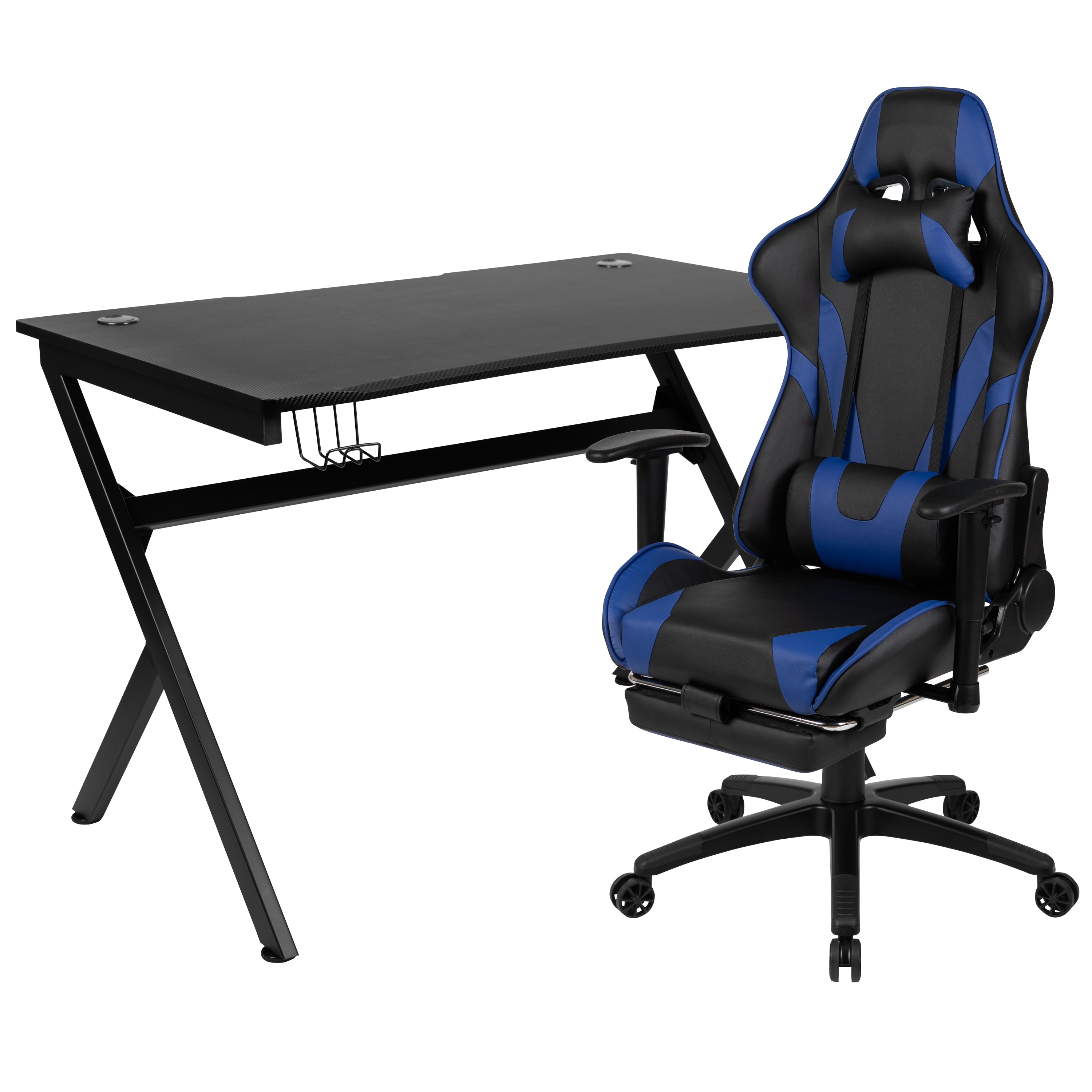 Emma + Oliver 889142605515 Black/Blue Gaming Desk Set - Cup/Headset Holder/Reclining and Footrest