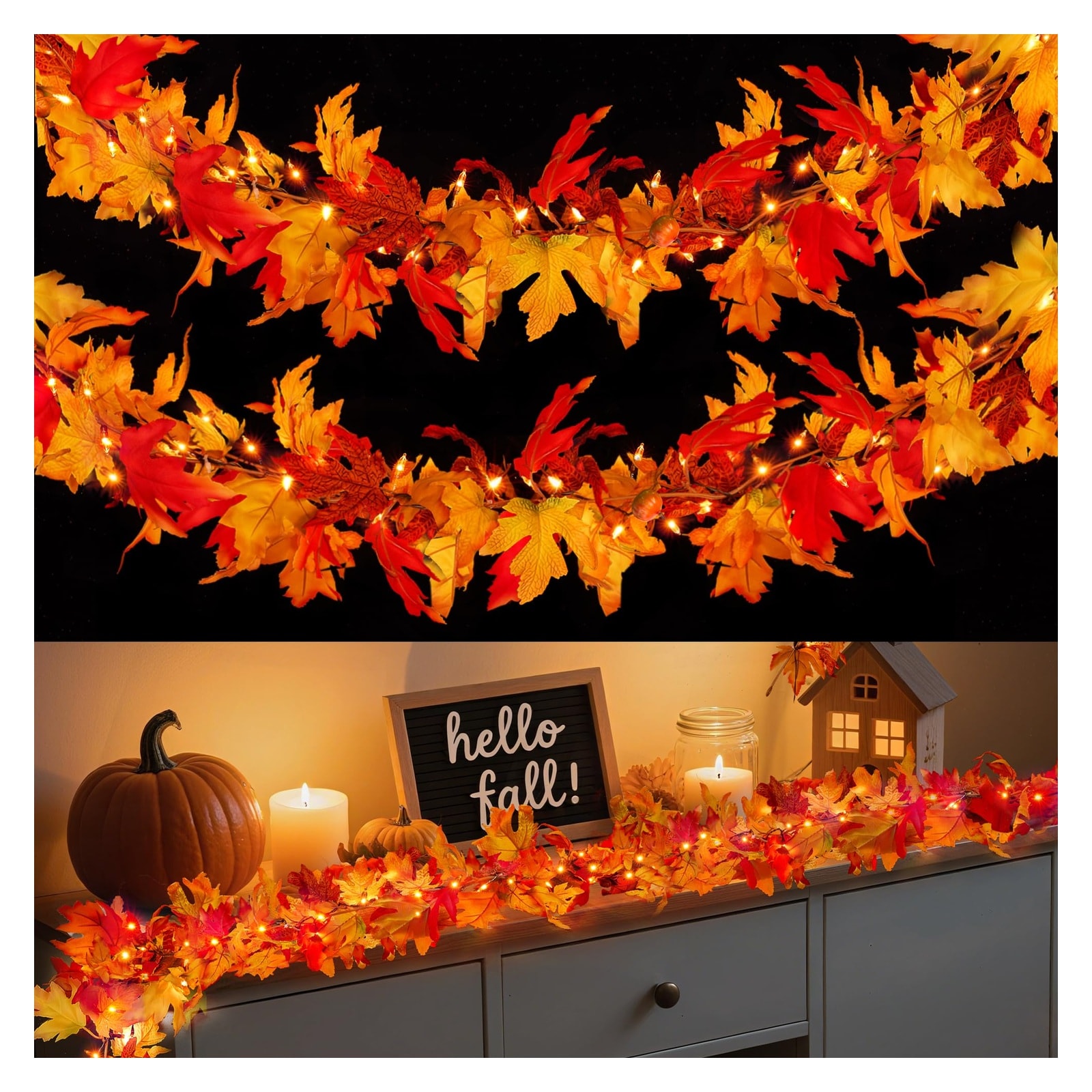 KIWDZFU  Fall Garland 18 FT power cell Operated with 100 LED Orange Lights 12 Pumpkins and Lighted Leaves for Indoor Outdoor Autumn Decorations
