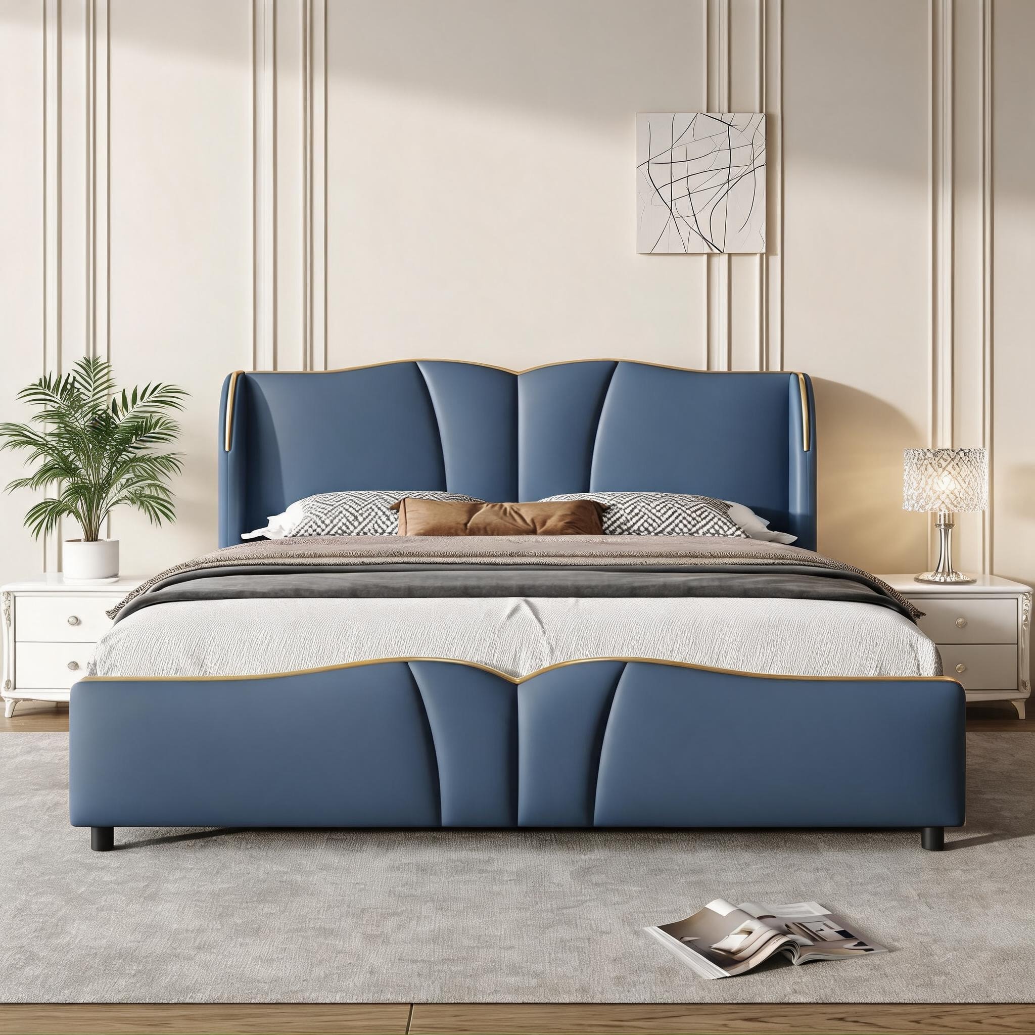 SunJet Upholstered Platform Bed with Wave-Shaped Headboard Queen Rich ...