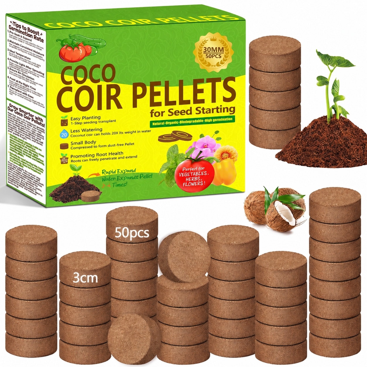 Justincity 50 pcs Coco Coir Pellets Seed Starter Soil Mix Organic