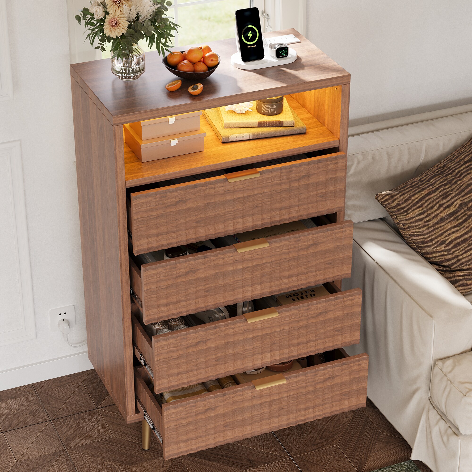 GarveeLife 28 Inch Wide Walnut 4 Drawer Fluted Dresser Wooden Night Stand LED Lights Charging Station Gold Handle Modern Chest
