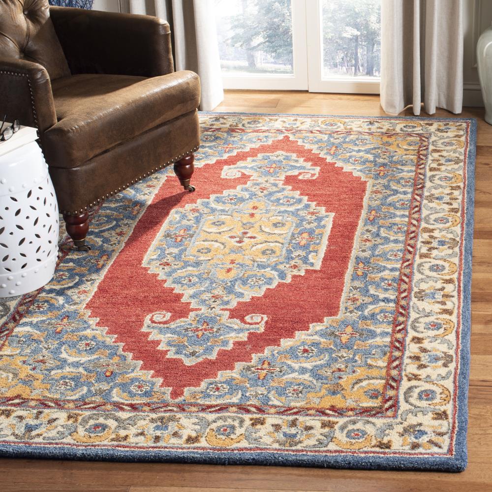 Heirloom Blue and Red Square Tufted Wool Rug 6' x 6'