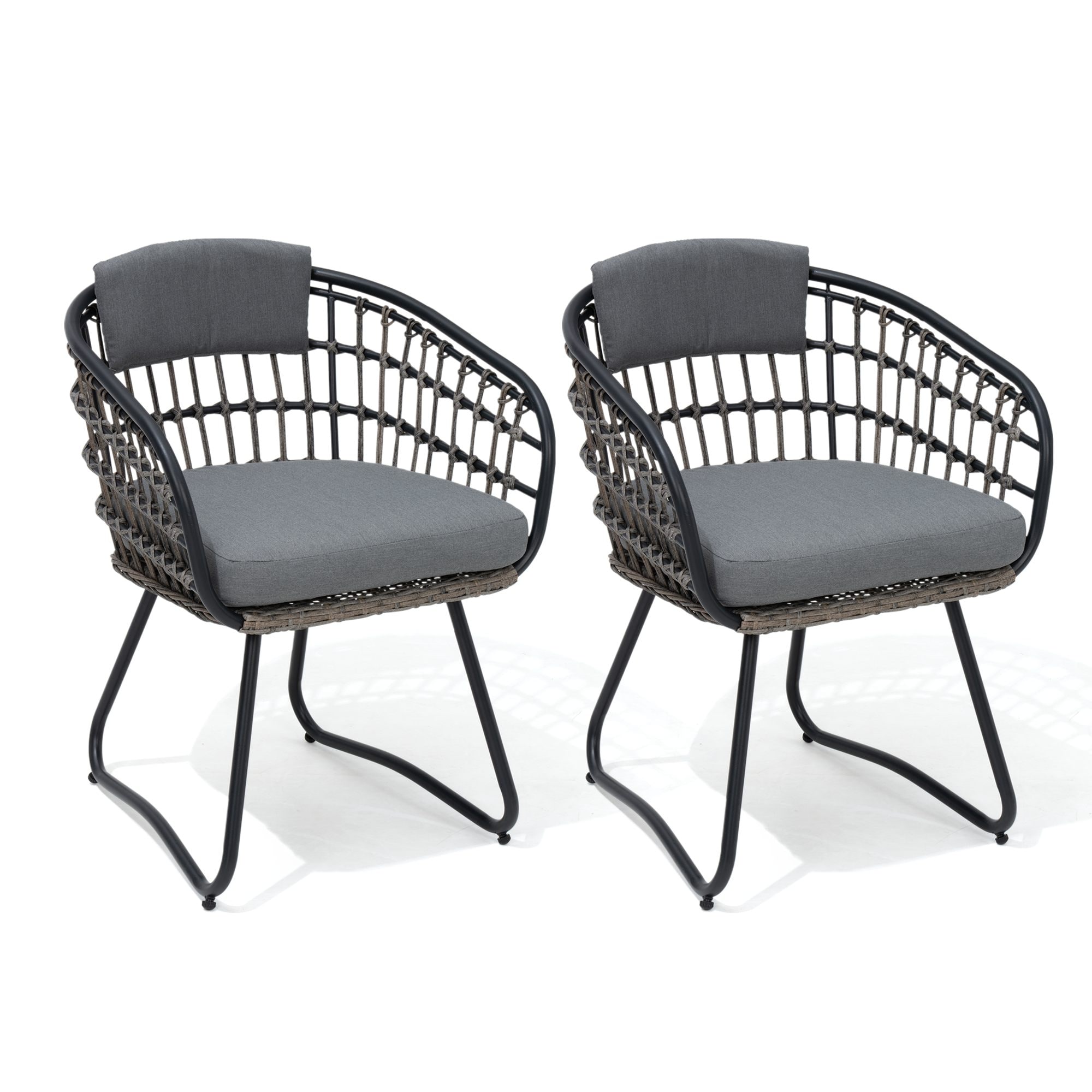 Crestlive Products CL-DC208GRY-2 Outdoor Patio PE Rattan Wicker Dining Chairs Set of 2 Brown Metal Frame Stationary Dining Chair with Gray Cushioned Seat
