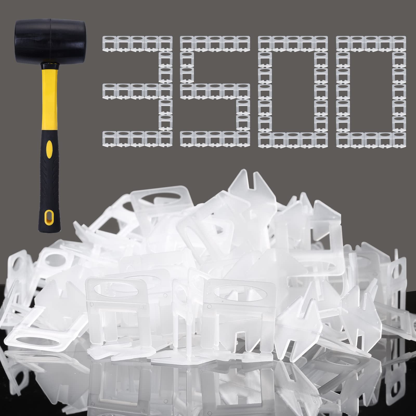 AOIZGMY  Tile Leveling System Clips 1 slash 16 Inch 3500 Piece Tile Spacers Clips and 16 oz Rubber Mallet Hammer Tile Tools Set for Ceramic and