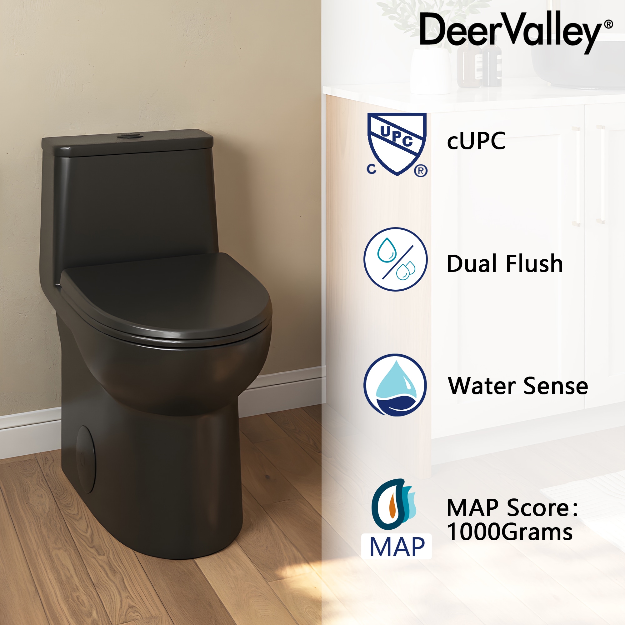 Black Elongated One-Piece High Efficiency Dual Flush Toilet