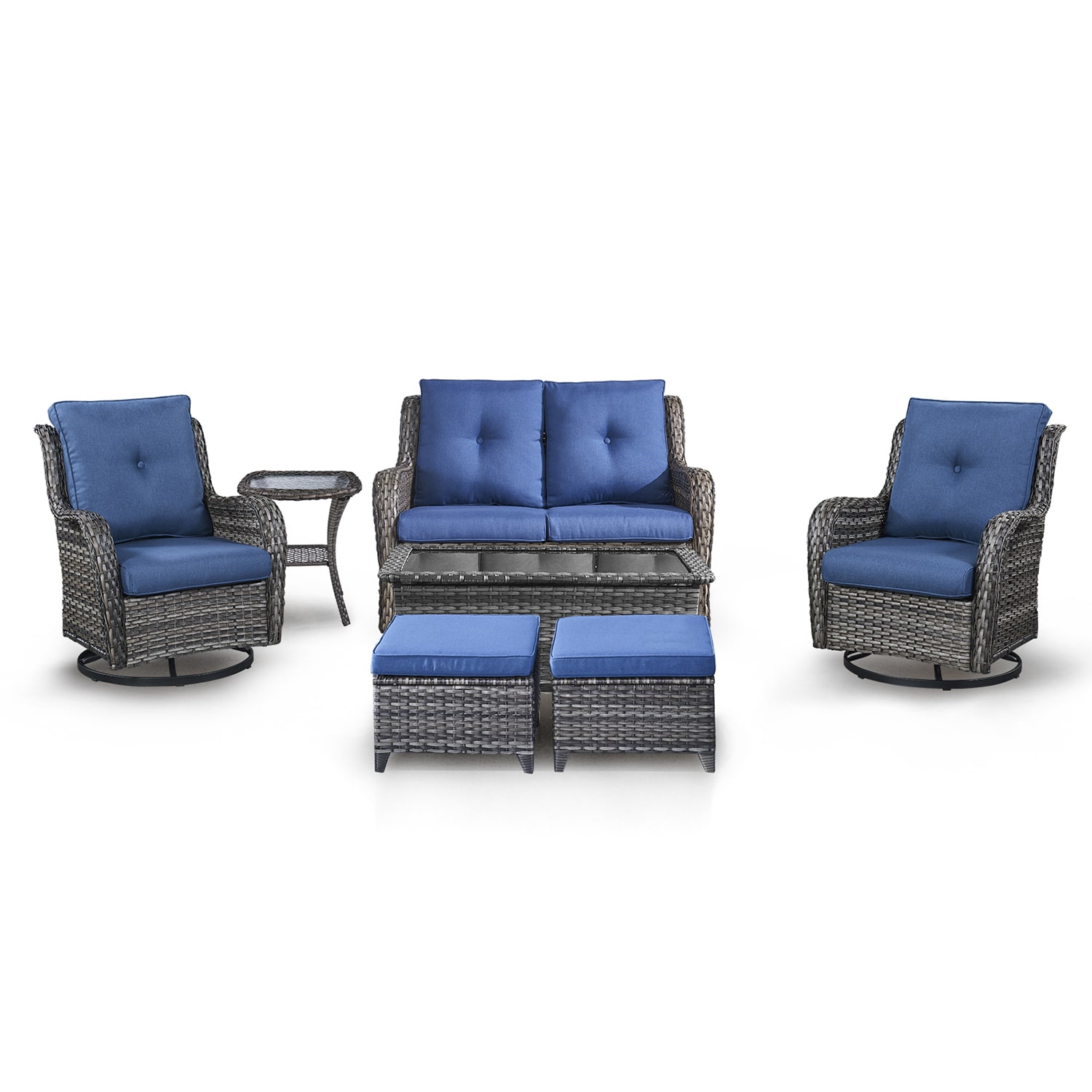 Rilyson FS039019026024016-1 Curved Handrail 7 -Piece Wicker Patio Sofa Conversation Set with Blue Cushions