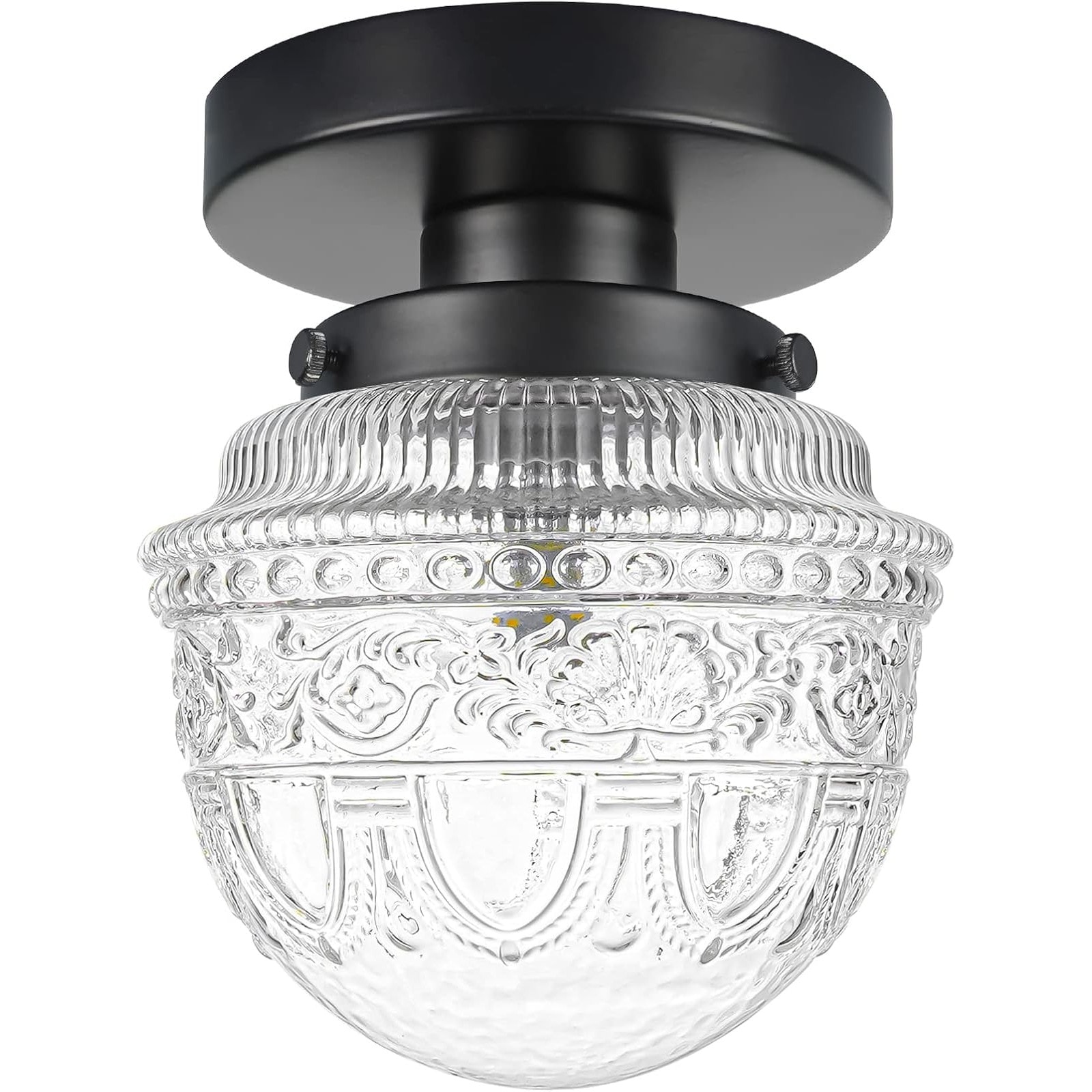 Slagawa  Black Semi Flush Mount Ceiling Light with Hand-Blown Floral Glass for Small Hallway Bathroom Entryway