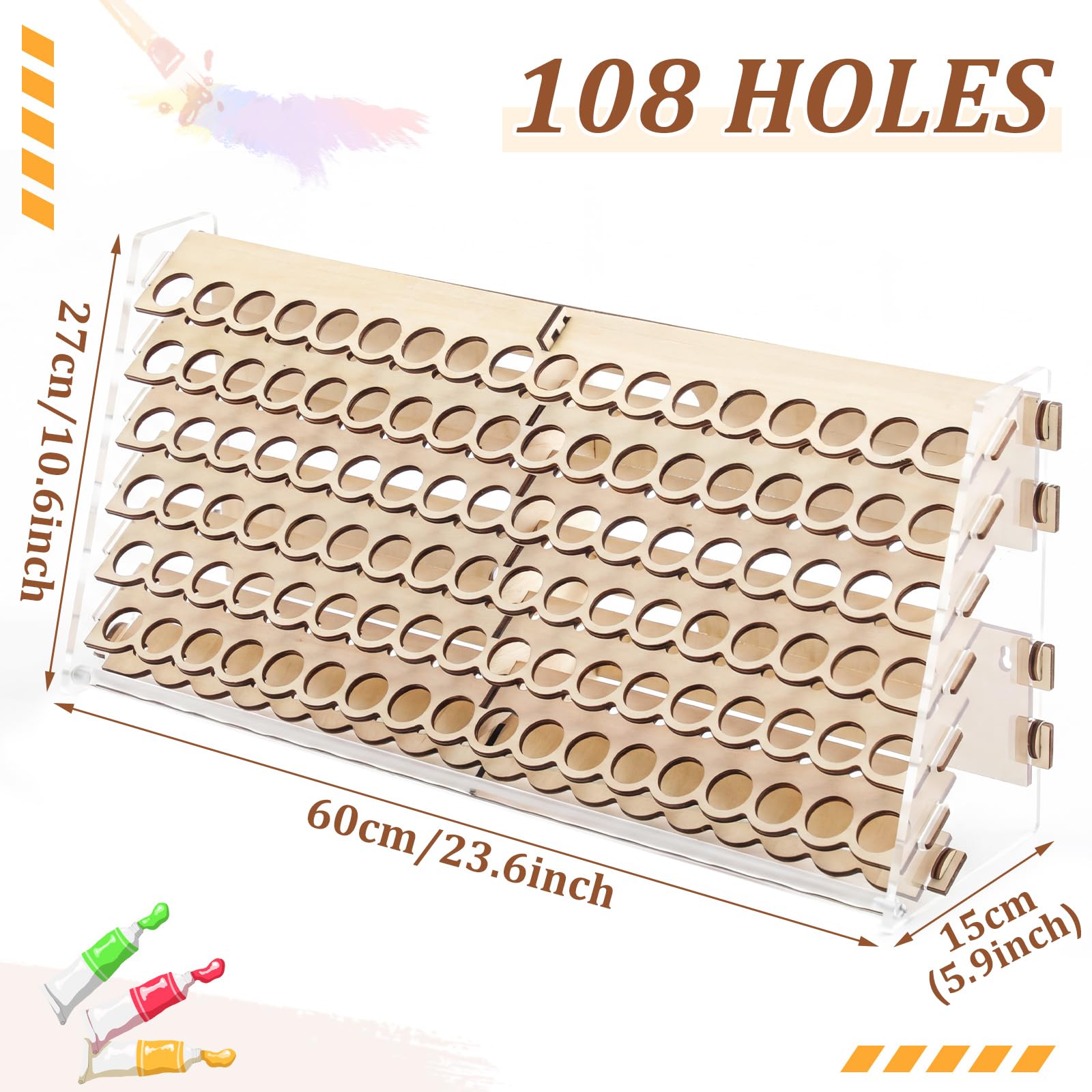KIWDZFU Wooden Paint Organizer Storage Rack with 108 Holes for 18ml ...