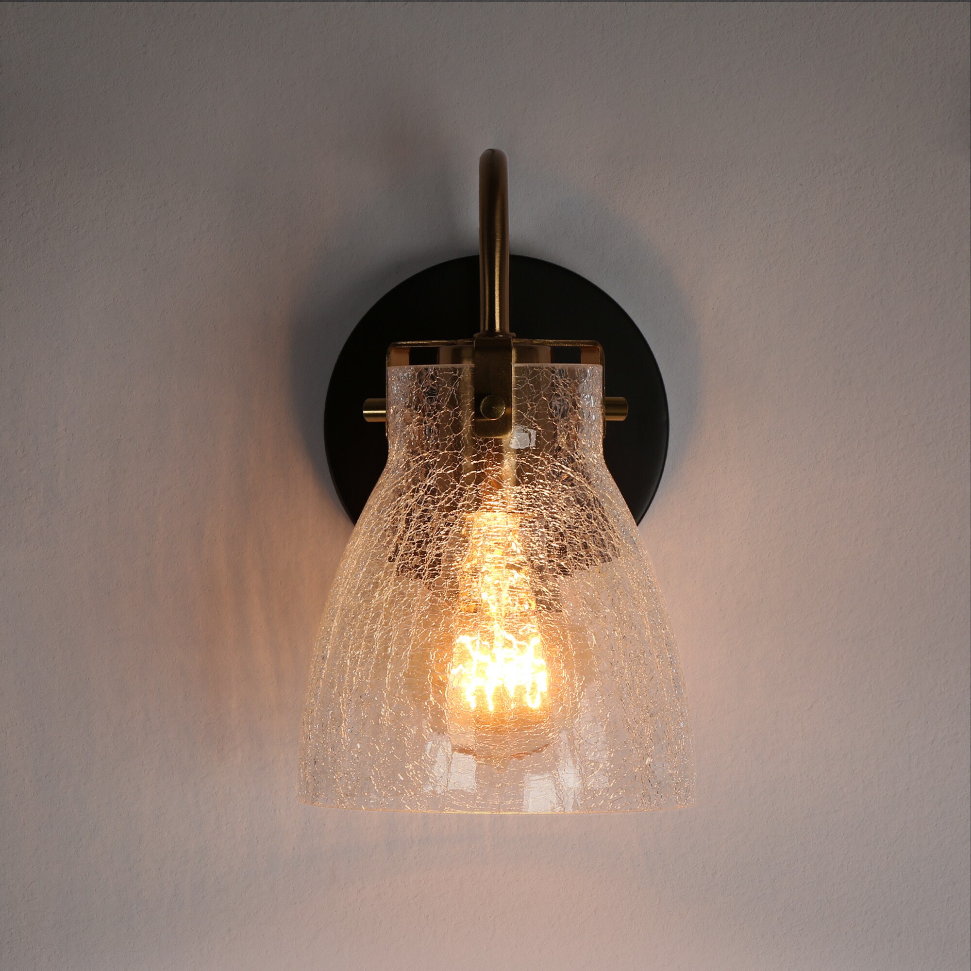 Matte Black and Gold Wall Sconce with Crackled Glass Shade