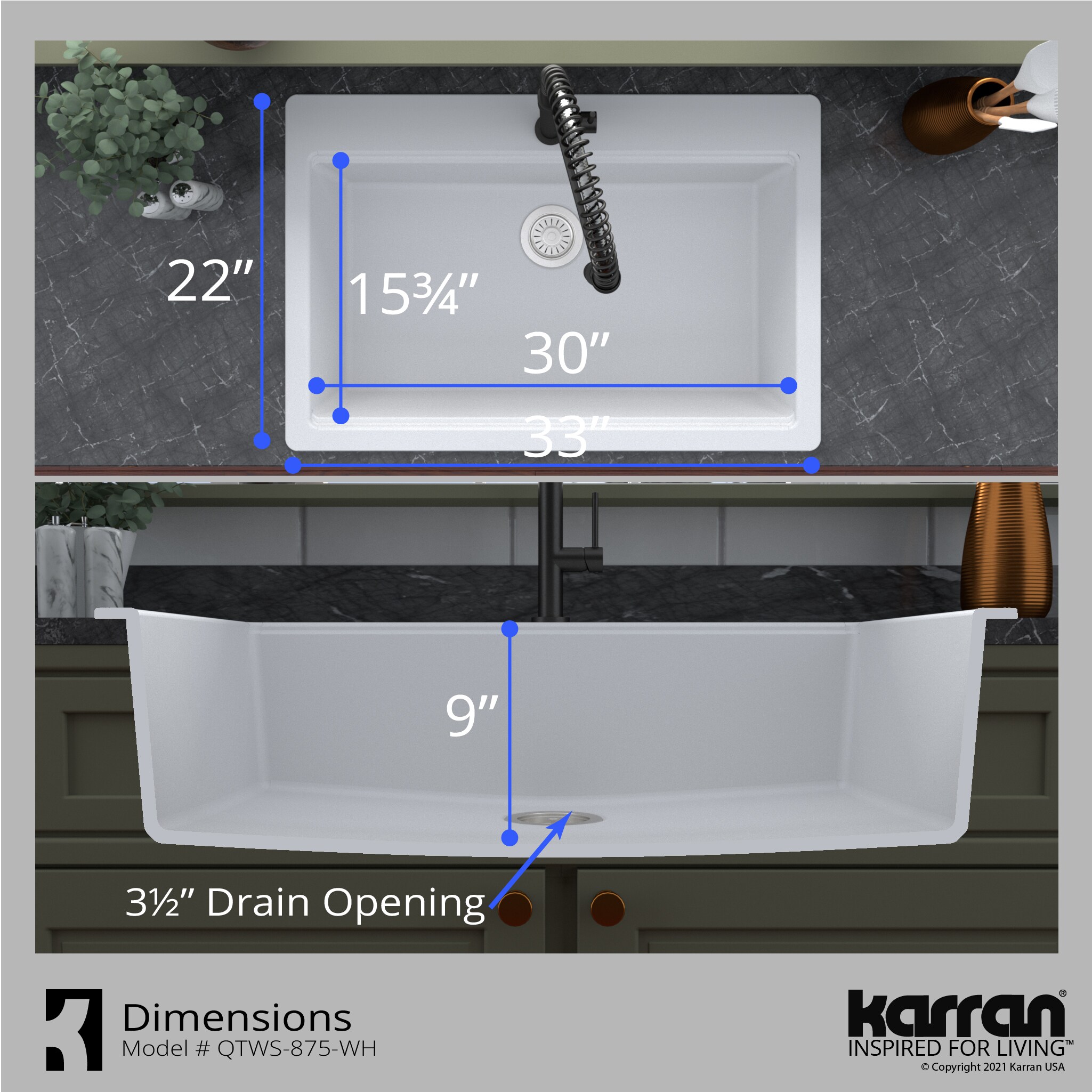 Karran Drop-In 33-in x 22-in White Quartz Single Bowl 1-Hole ...