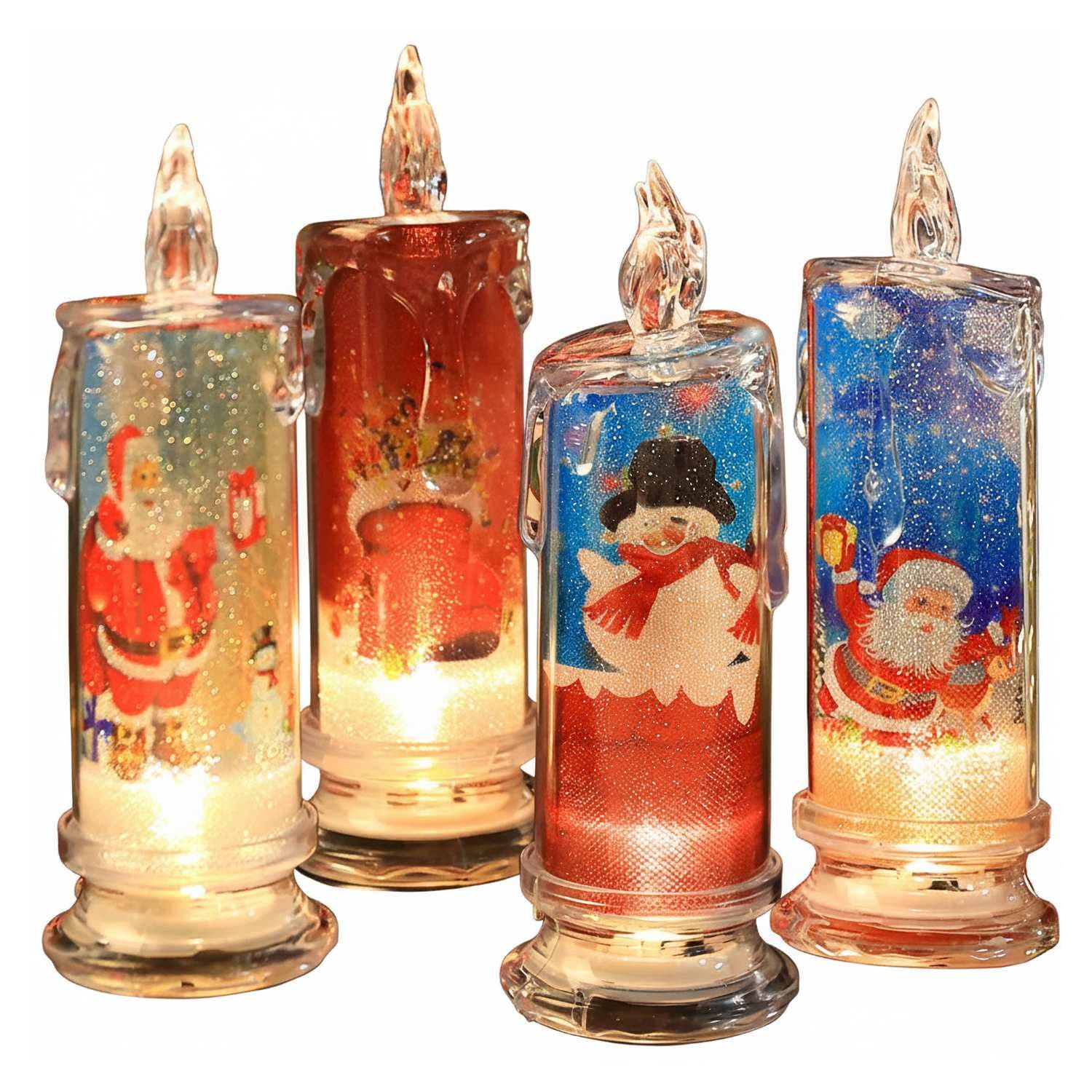 Etokfoks  Set of 4 Flameless LED Candles Christmas Santa Claus Snowman Decals D2 in x H7 in Battery Operated Holiday Decor for Living Room