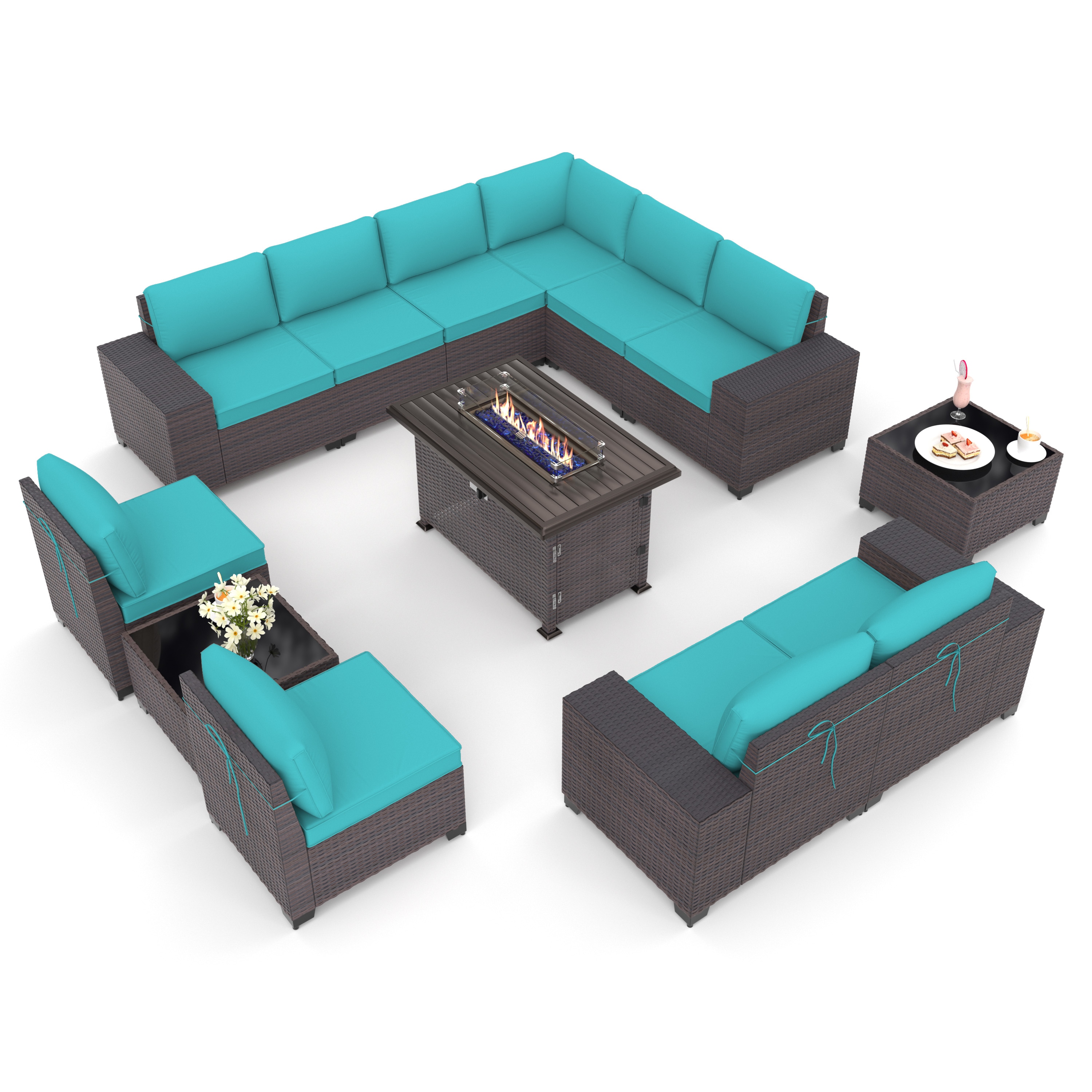 ALAULM LS-12PCS+FP-BLUE 13 -Piece Wicker 2 Patio Sofa Conversation Set with Blue Cushions